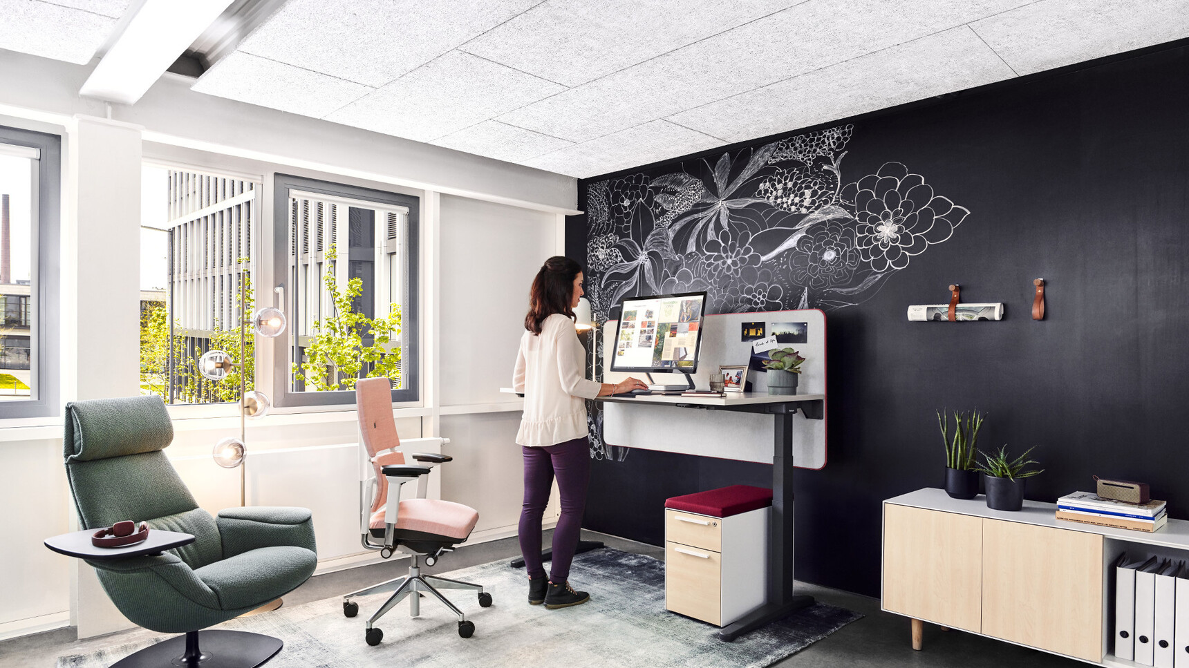 Steelcase Migration Height Adjustable Desk Black Legs White Table Top Finish Screen Please Office Chair Pink Upholstery Grey Base Pedestal Seat Pad Credenza Wood Finish