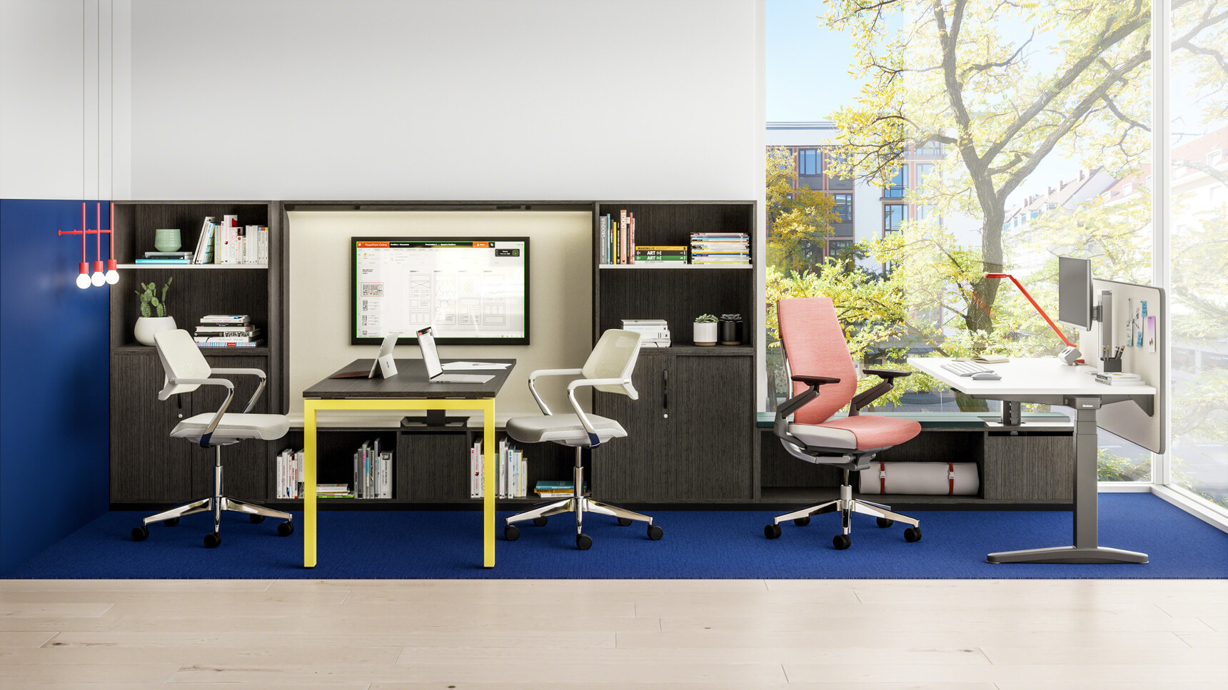 Steelcase Ology Height Adjustable Desks with Simple Touch With Black Leg Finish And White Table Top With Gesture Wrapped Back Office Chair With Light Pink Upholstery With Polished Aluminium Base At Desk