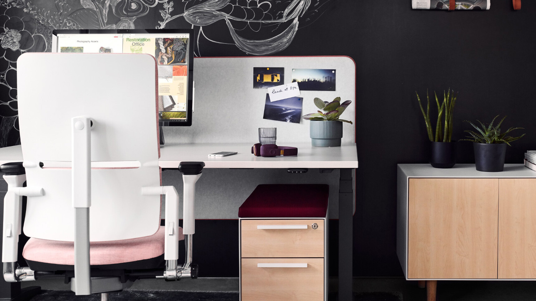 Steelcase Ology Height Adjustable Desks with Simple Touch With Black Leg Finish And White Table Top Finish And White Screen With Pedestal And Credenza And Please Office Chair With Pink Upholstery And White Frame