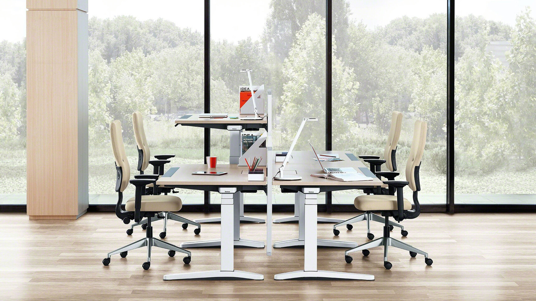 Four Steelcase Ology Height Adjustable Desks with Simple Touch With Wood Finish And White Leg Finish With Four Reply Upholstered Office Chair With Light Yellow Upholstery