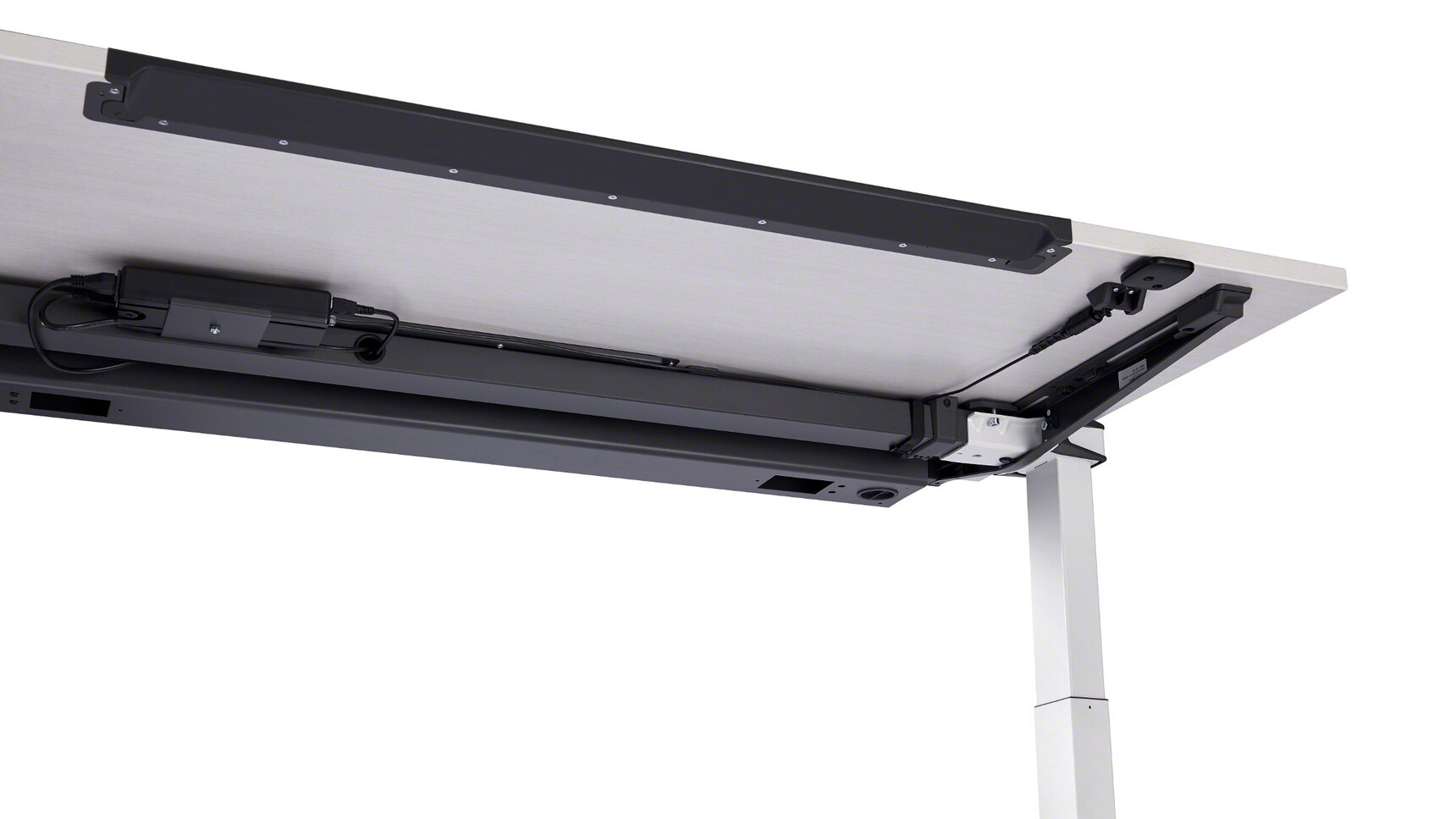 Steelcase Ology Height Adjustable Desks with Simple Touch With Light Wood Table Top Finish And White Metal Leg Finish Showing The Simple Touch System