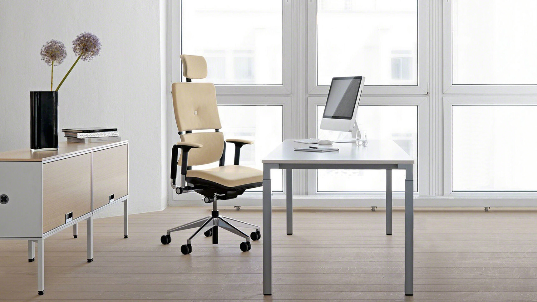 Steelcase Please Executive Office Chair with Headrest Light Yellow Upholstery Black Frame Polished Aluminium Base At Frameone Desk White Top Grey Legs Credenza