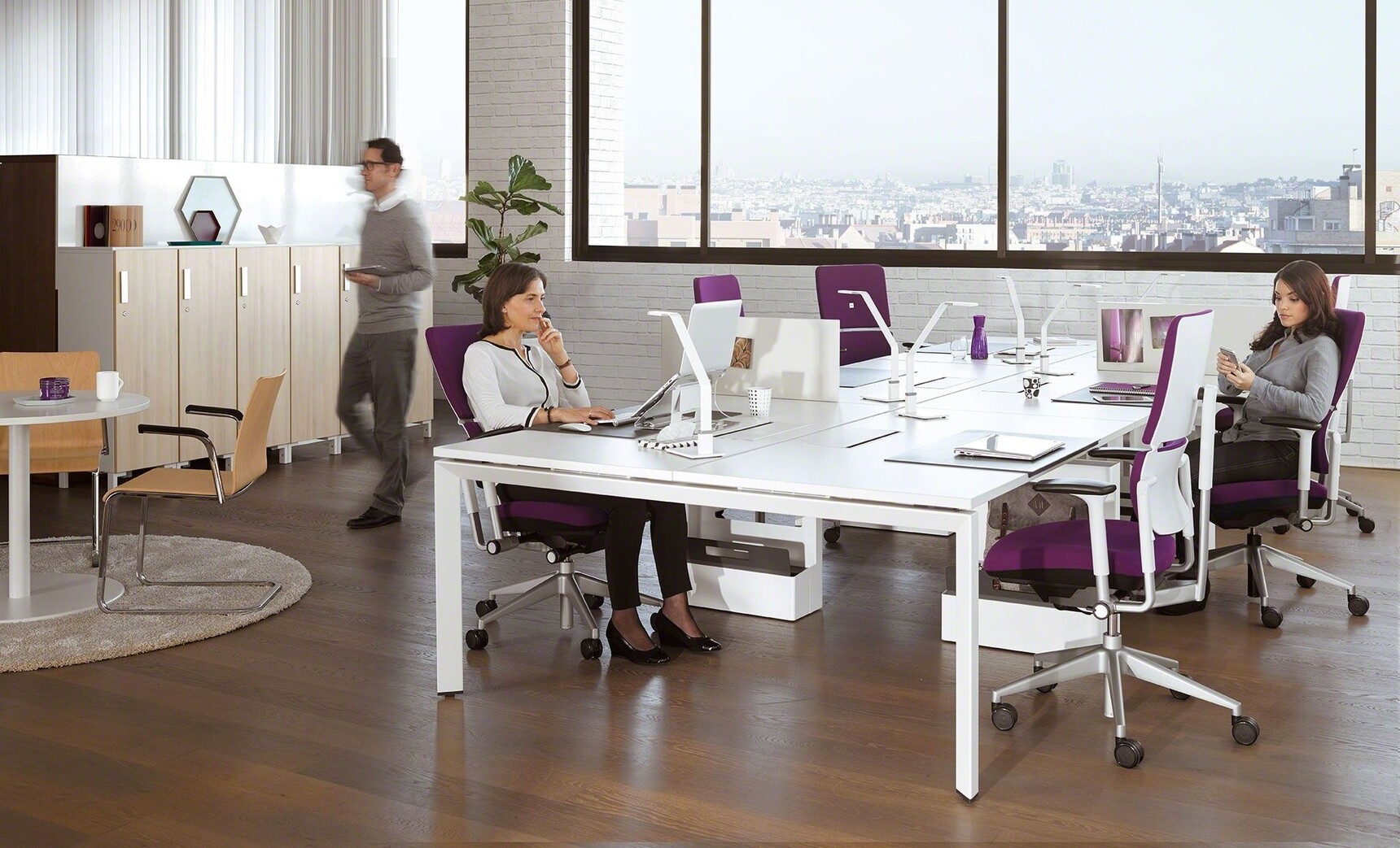 Six Steelcase Please Office Chairs With Purple Upholstery And White Frame With Grey Base On Castors At B-Free Back To Back Desk With White Finish And White Legs Base