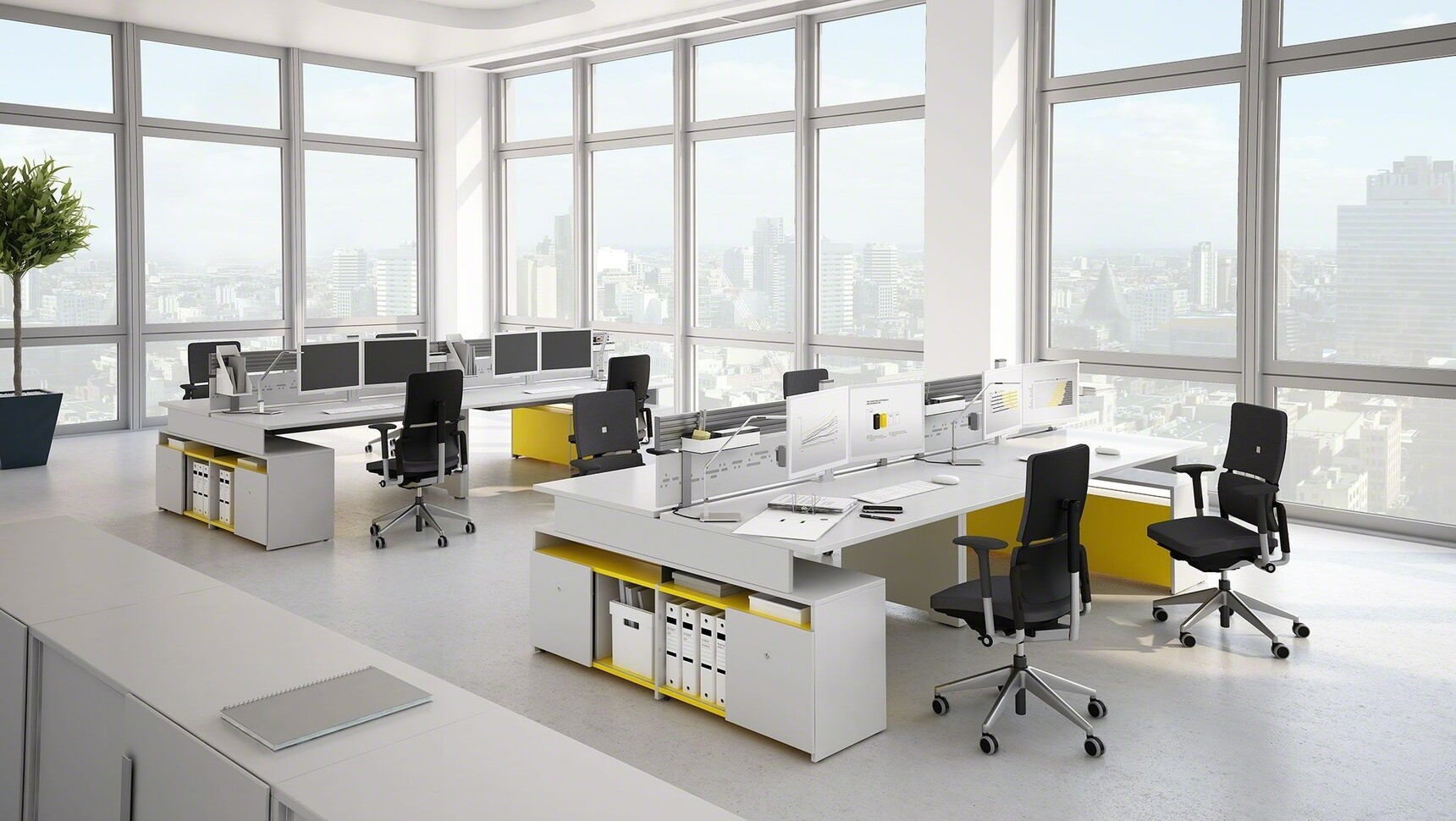 Eight Steelcase Please Office Chairs With Black Upholstery With Black Frame And Metallic Paint On Castors At Steelcase Desks With Grey Table Top Finish