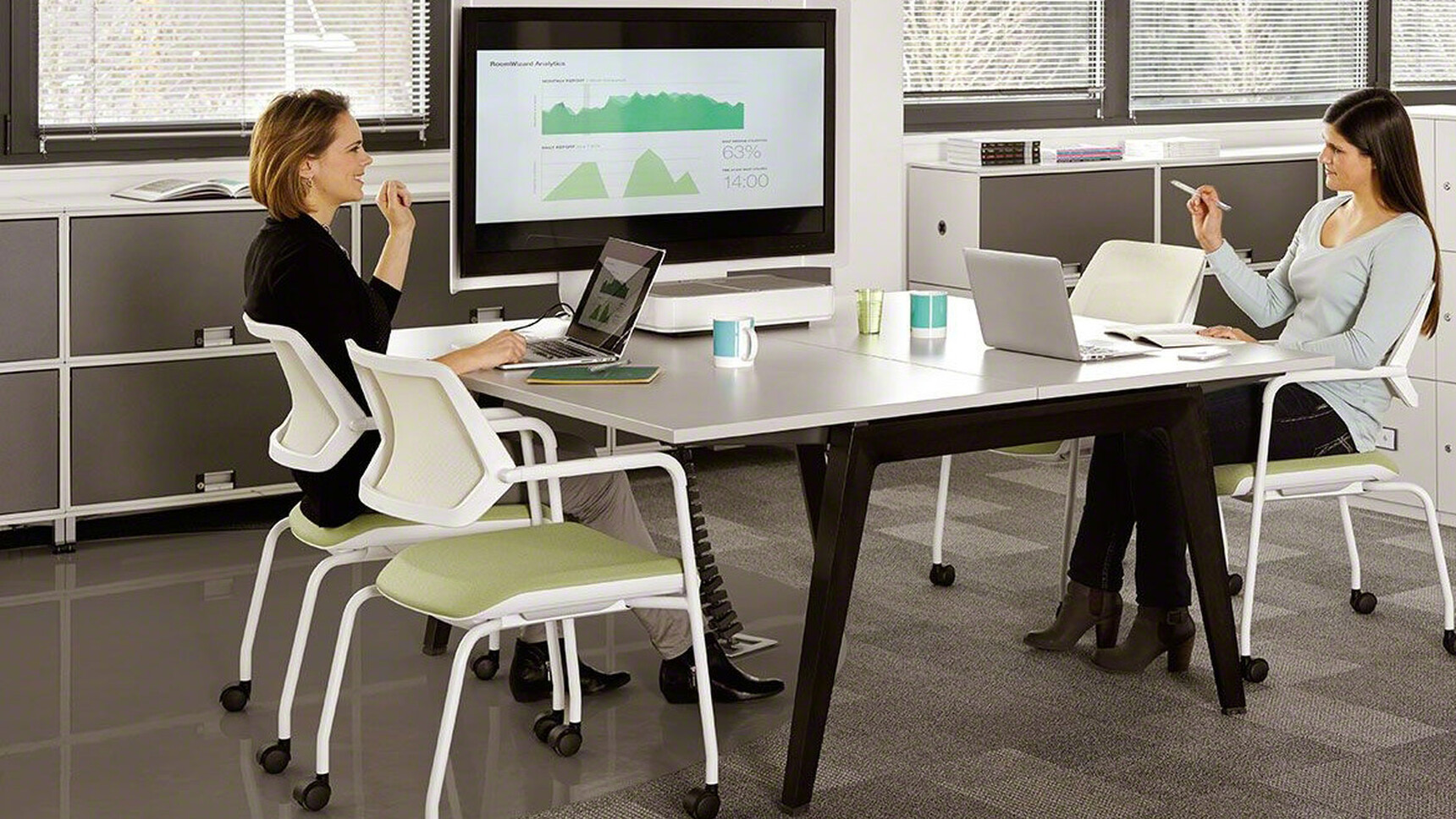 Four Steelcase Qivi Four Leg Base Conference Chairs White Frame Green Upholstery At Steelcase B-Free Back To Back Desk White Top Black Leg Finish