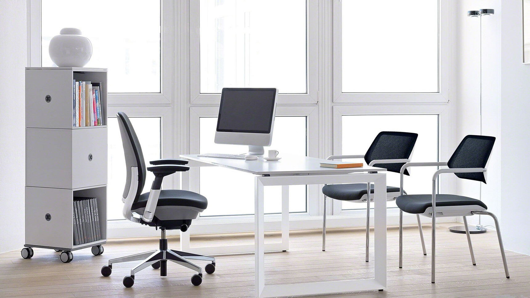 Two Steelcase Qivi Four Leg Base Conference Chairs on Glides Chrome Base White Fixed Arms Black Upholstery At Desk Steelcase Office Chair White Frameone Fixed Height Desk Two