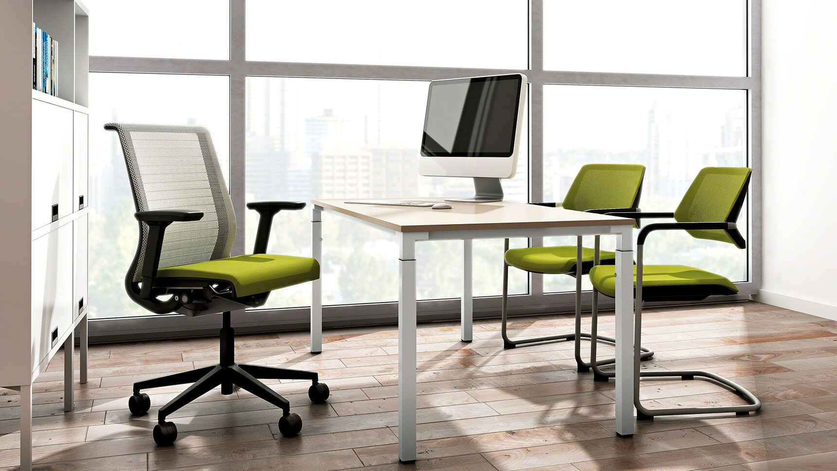 Two Steelcase Qivi Sled Base Conference Chairs Platinum Base Finish Green Upholstery Grey Black Fixed Arms Think 3D Knit Back White Green Upholstery At Steelcase Desk