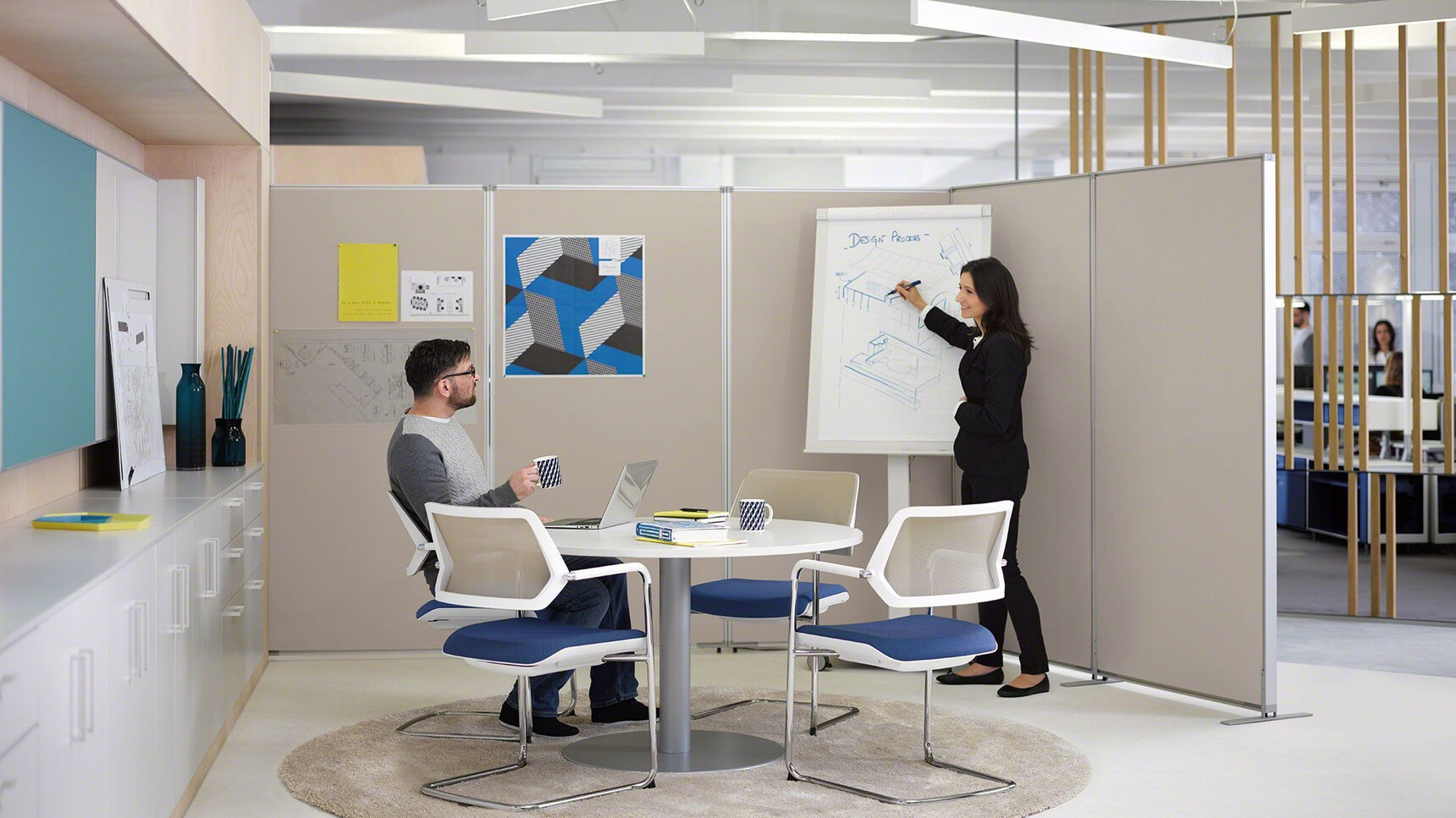 Four Steelcase Qivi Sled Base Conference Chairs Blue Upholstery White Frame Chrome Base At Steelcase Meeting Table White Top Grey Base Finish In Use