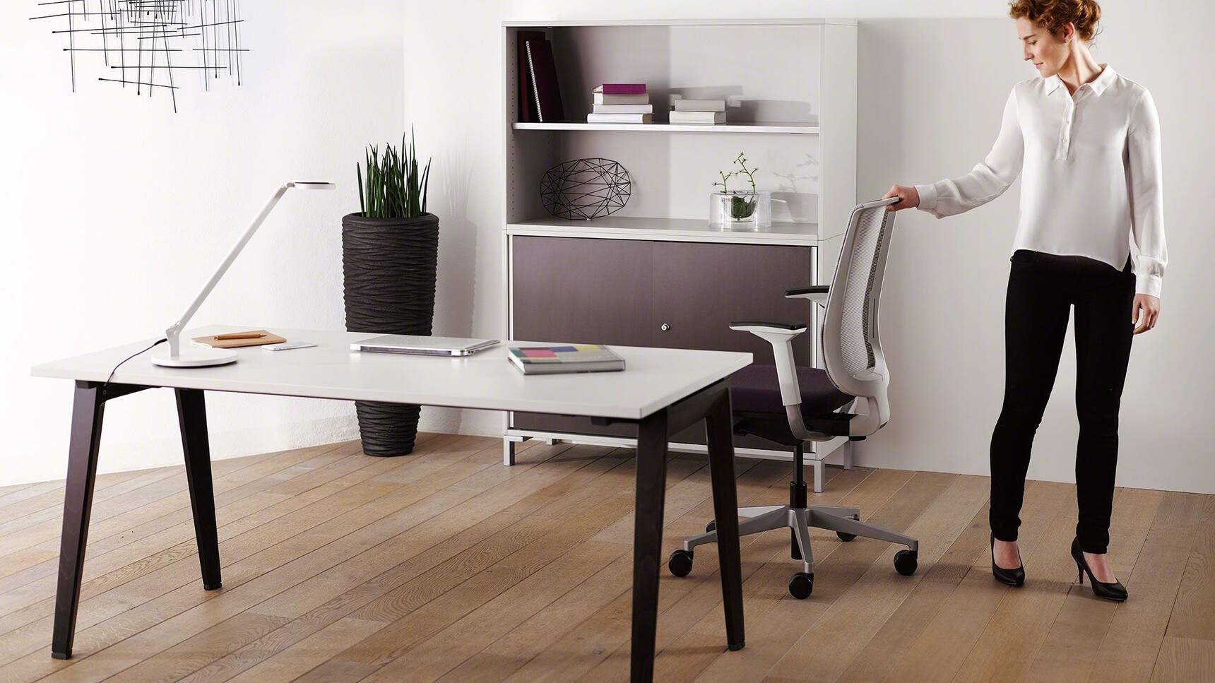 Steelcase Reply Air Colour Mesh Back Office Chairs With Grey Frame And Dark Purple Upholstery And Grey Base On Castors At Frameone Desk With White Table Top Finish And Dark Purple Legs Finish