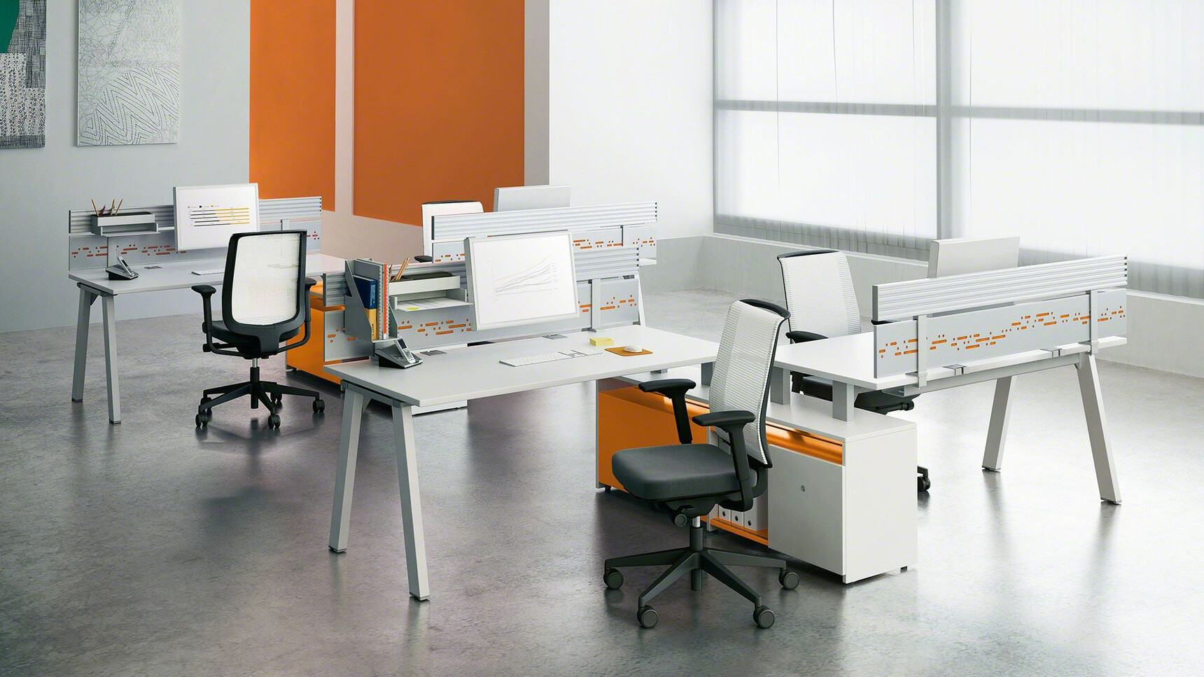 Four Steelcase Reply Air Mesh Back Office Chairs With Grey Upholstery And White Mesh Backrest And Black Base On Castors At Frameone Desks With Grey Finish
