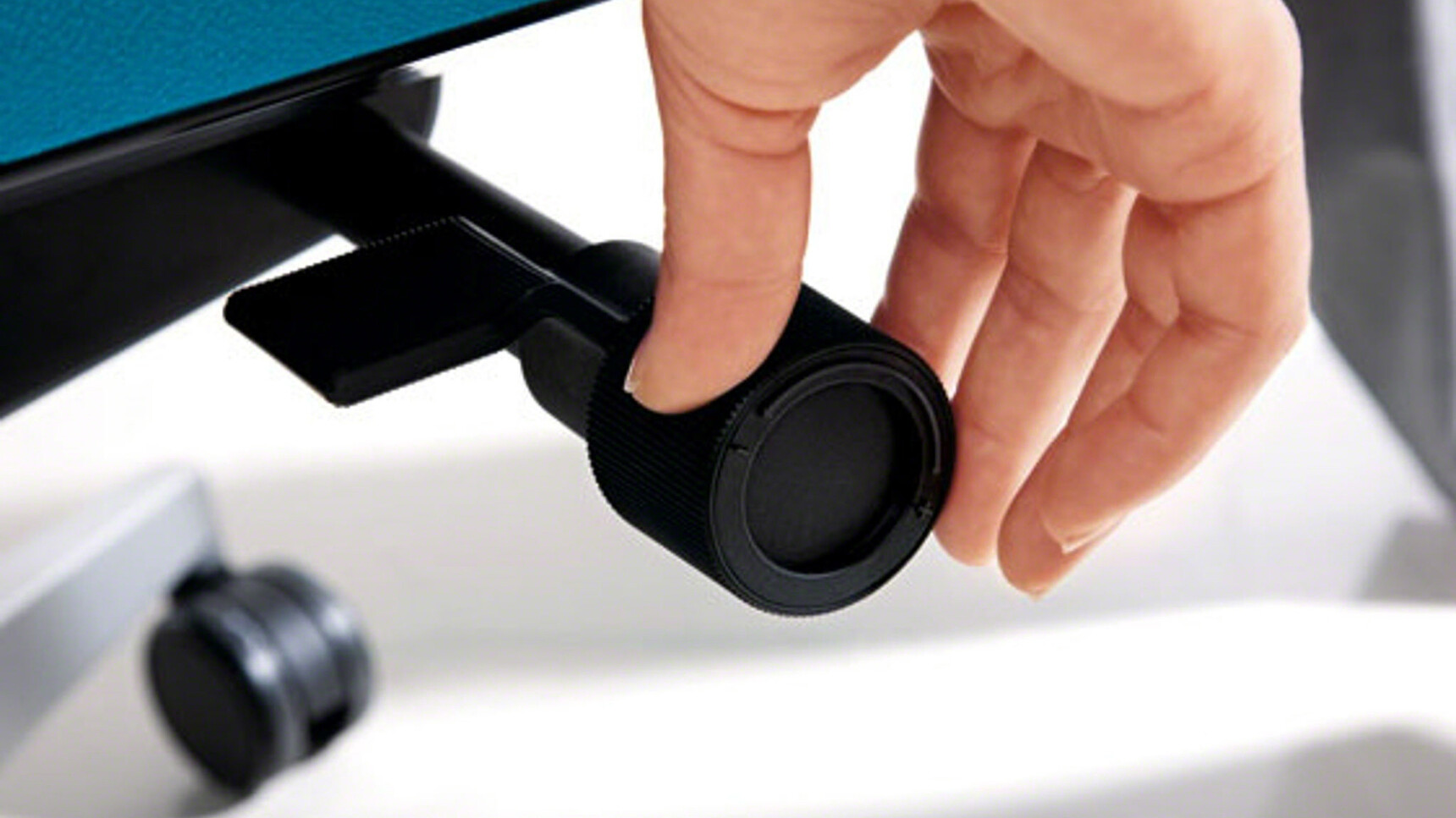 Steelcase Reply Air Mesh Back Office Chair In Blue Upholstery Showing Adjustable Lever Detail Image