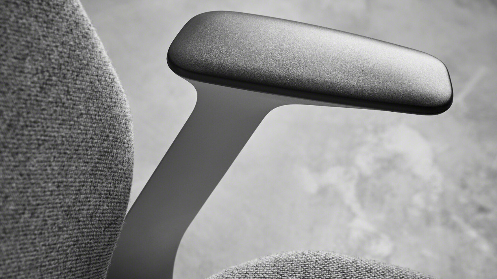 Steelcase SilQ Upholstered Draughtsman Office Chair With Grey Upholstery And White Frame And Black Arm Rest Detail Image