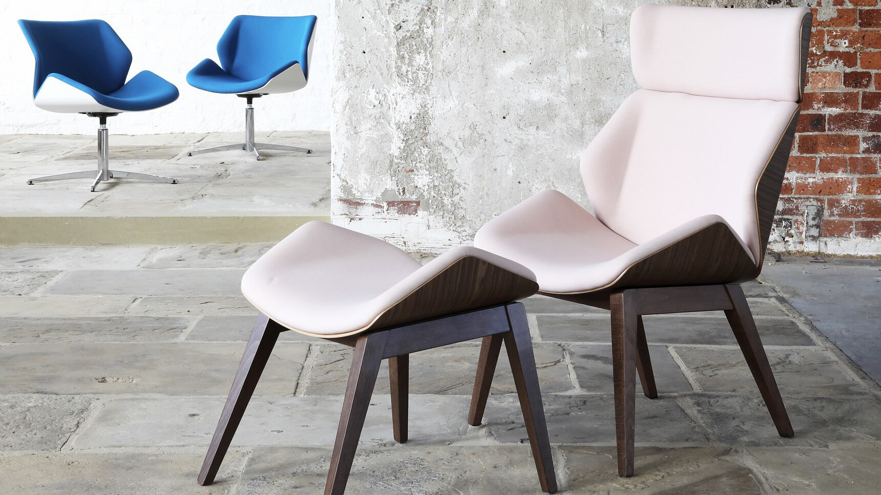 Elite Office Furniture Cascara High Back Lounge Chair With Four Leg Base Walnut Frame With Footstool Family Image