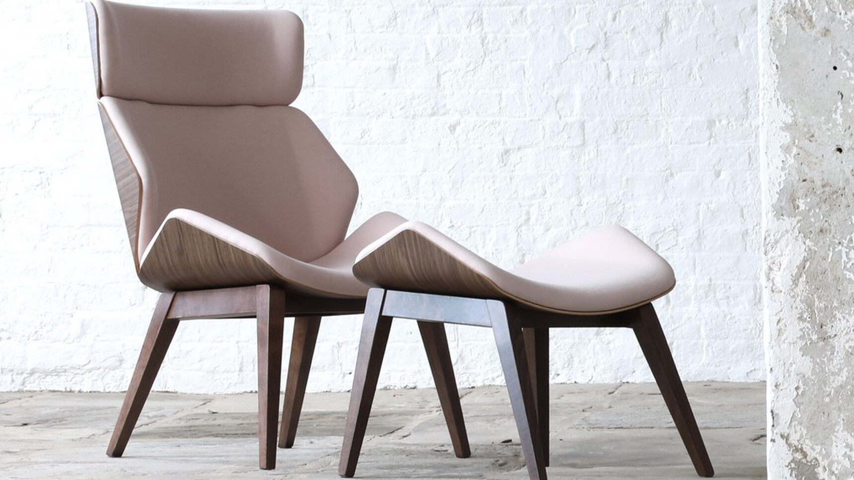 Elite Office Furniture Cascara High Back Lounge Chair With Four Leg Base Walnut Frame Pink Upholstery With Footstool