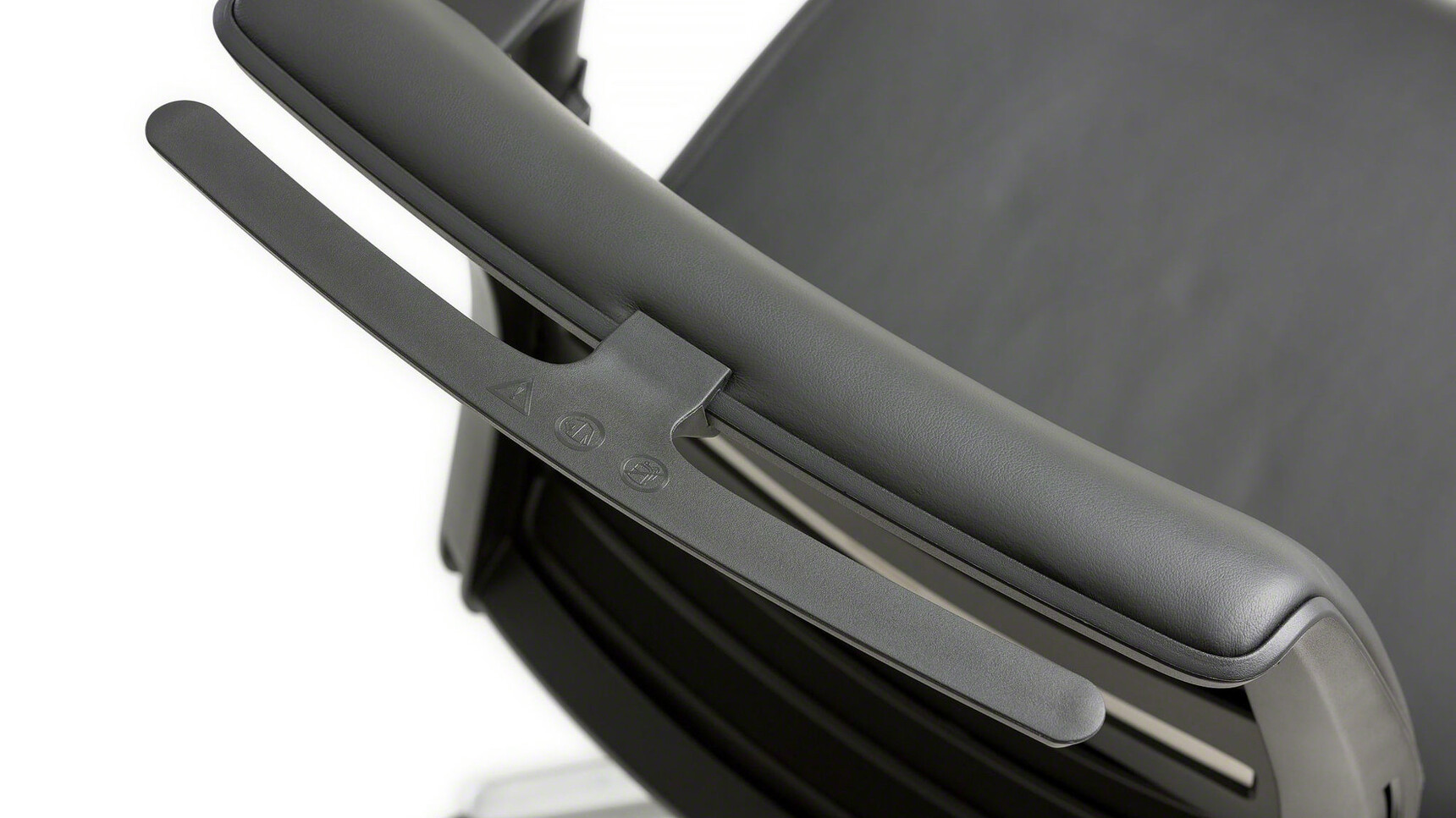 Steelcase Think Upholstered Office Chair With Black Leather Backrest And Seat Upholstery Detail Image
