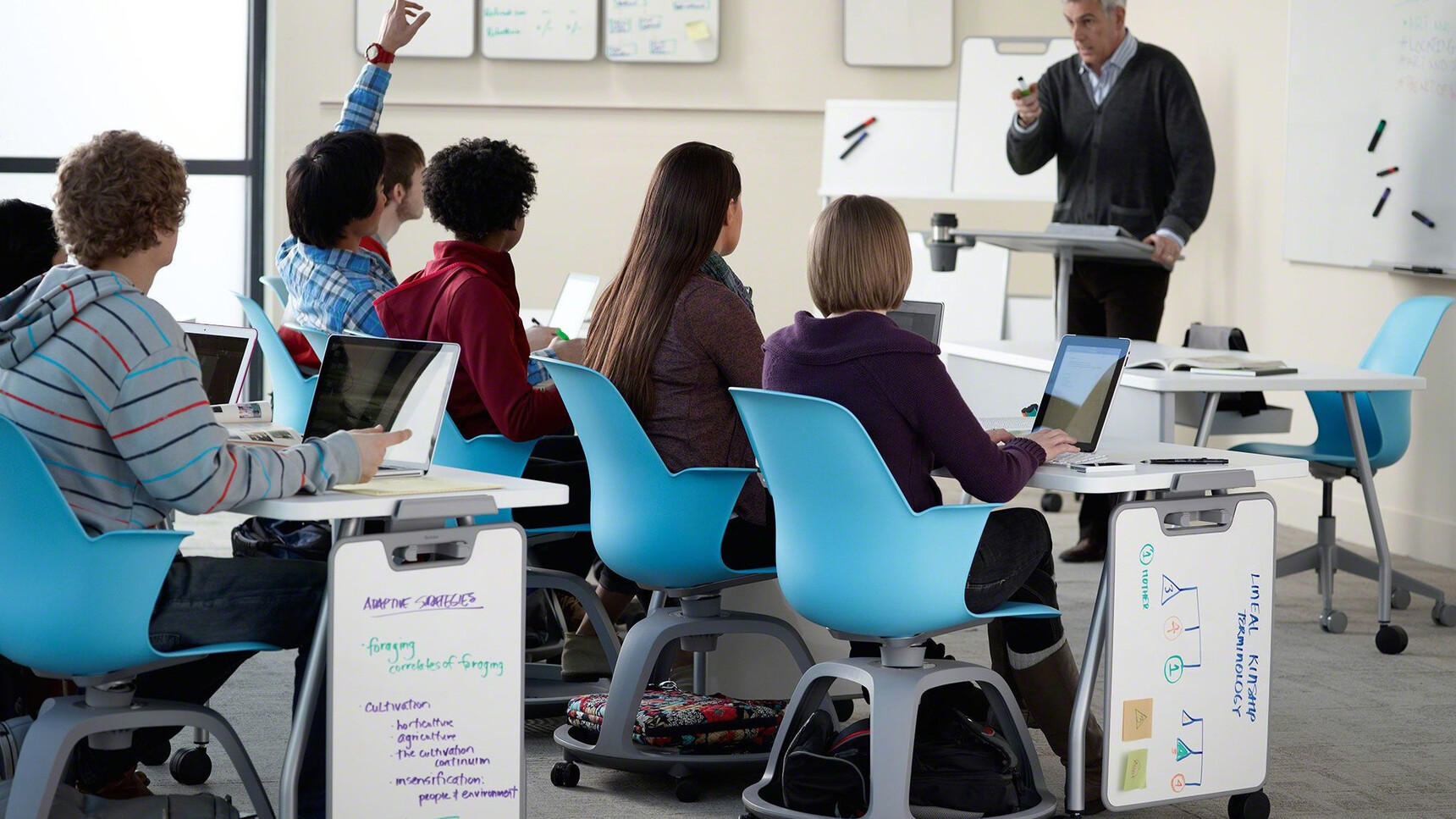 Four Steelcase Verb Chevron for Two Desks With White Table Top Finish And Grey Leg Finish On Castors Two With Optional White Board Easels With Verb Rectangular Desk With White Finish And Optional Modesty Panel