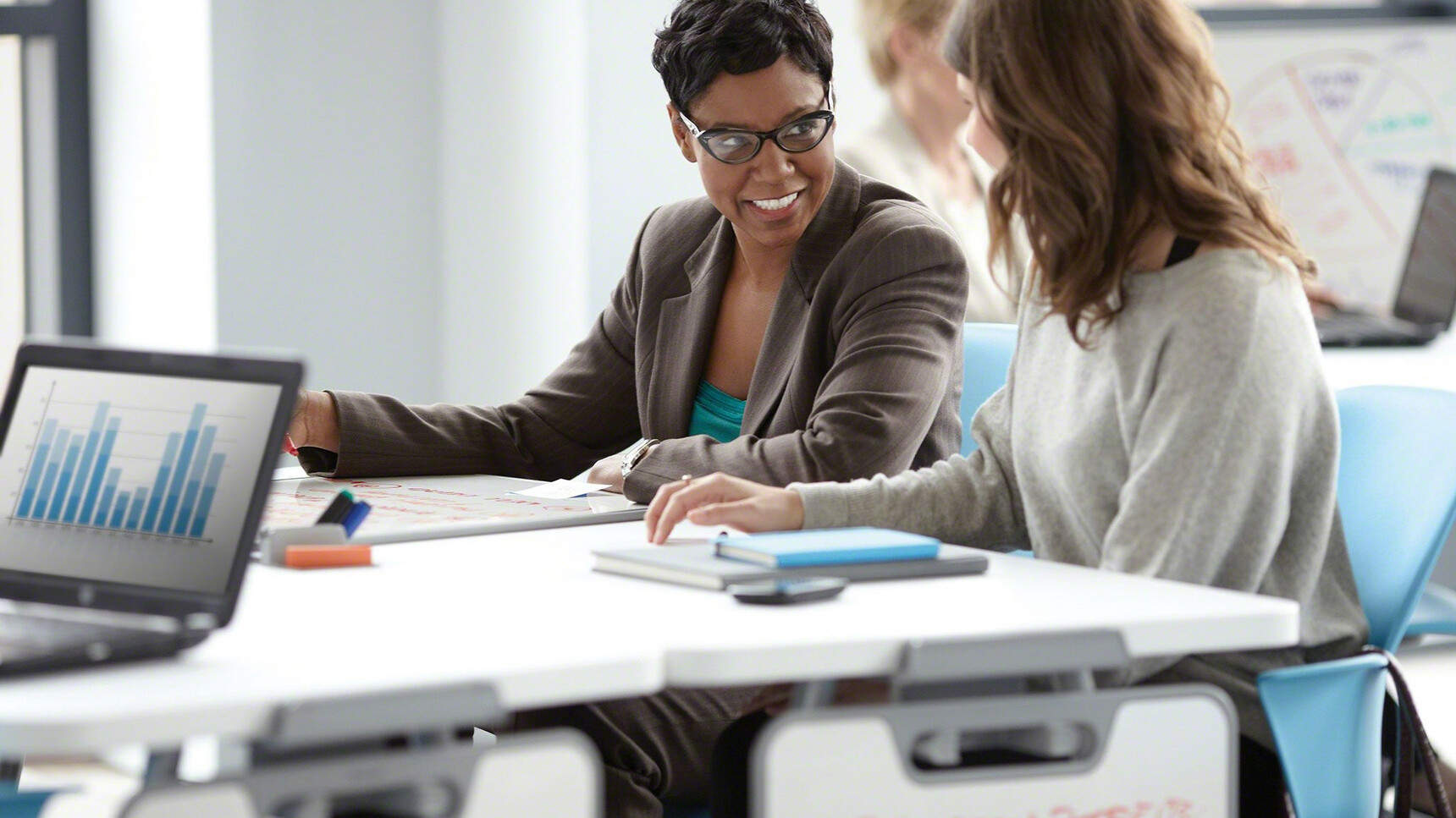 Two Steelcase Verb Chevron for Two Desks With White Table Top Finish And Grey Leg Finish On Castors With Optional White Board Easels With Two Three People Using The Desks On Node Chairs