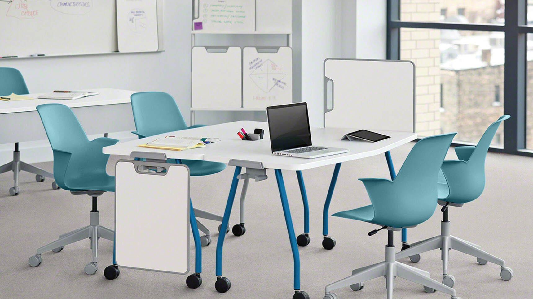 Two Steelcase Verb Chevron for Two Desks With White Table Top Finish And Blue Leg Finish On Castors With Optional White Board Easels With Verb Rectangular Desk With White Finish And Optional Modesty Panel