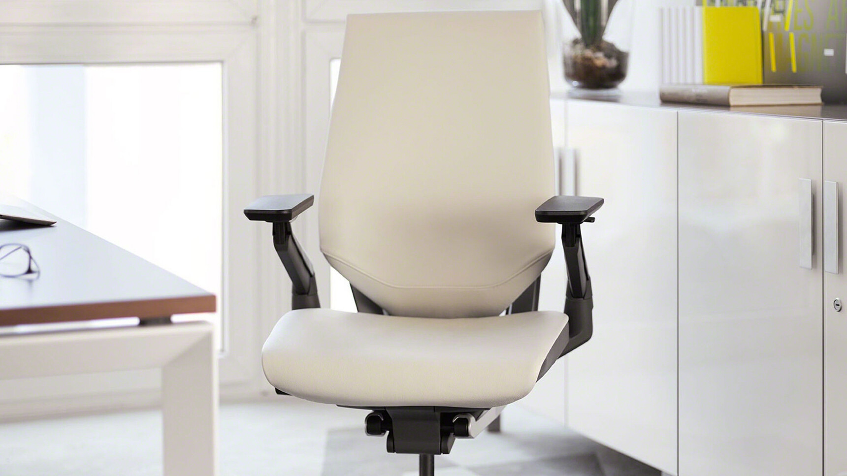 Steelcase Gesture Wrapped Back Leather Office Chair Black Armrest Leather Upholstery At Frameone Desk Brown Top White Leg Finish