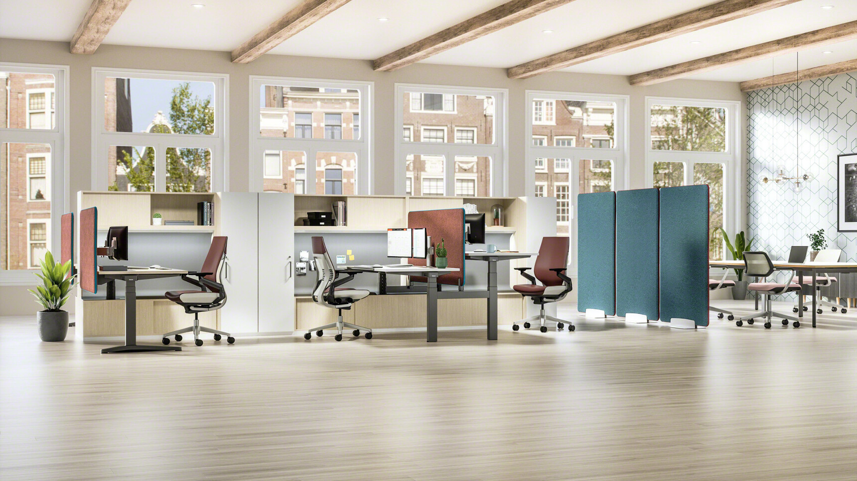 Three Steelcase Gesture Wrapped Back Leather Office Chairs Brown Upholstery Black Armrest Grey Base At Height Adjustable Desks Wood Finish Black Leg