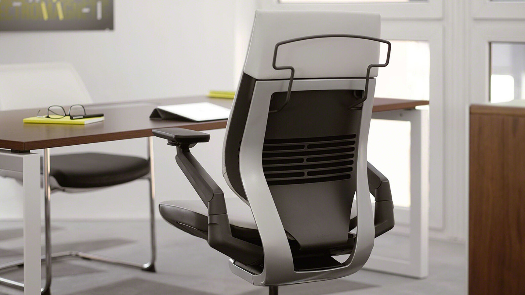 Steelcase Gesture Wrapped Back Leather Office Chairs White Upholstery Black Armrest Grey Black Frame At Frameone Desk Loop Leg Dark Wood Top Grey Leg