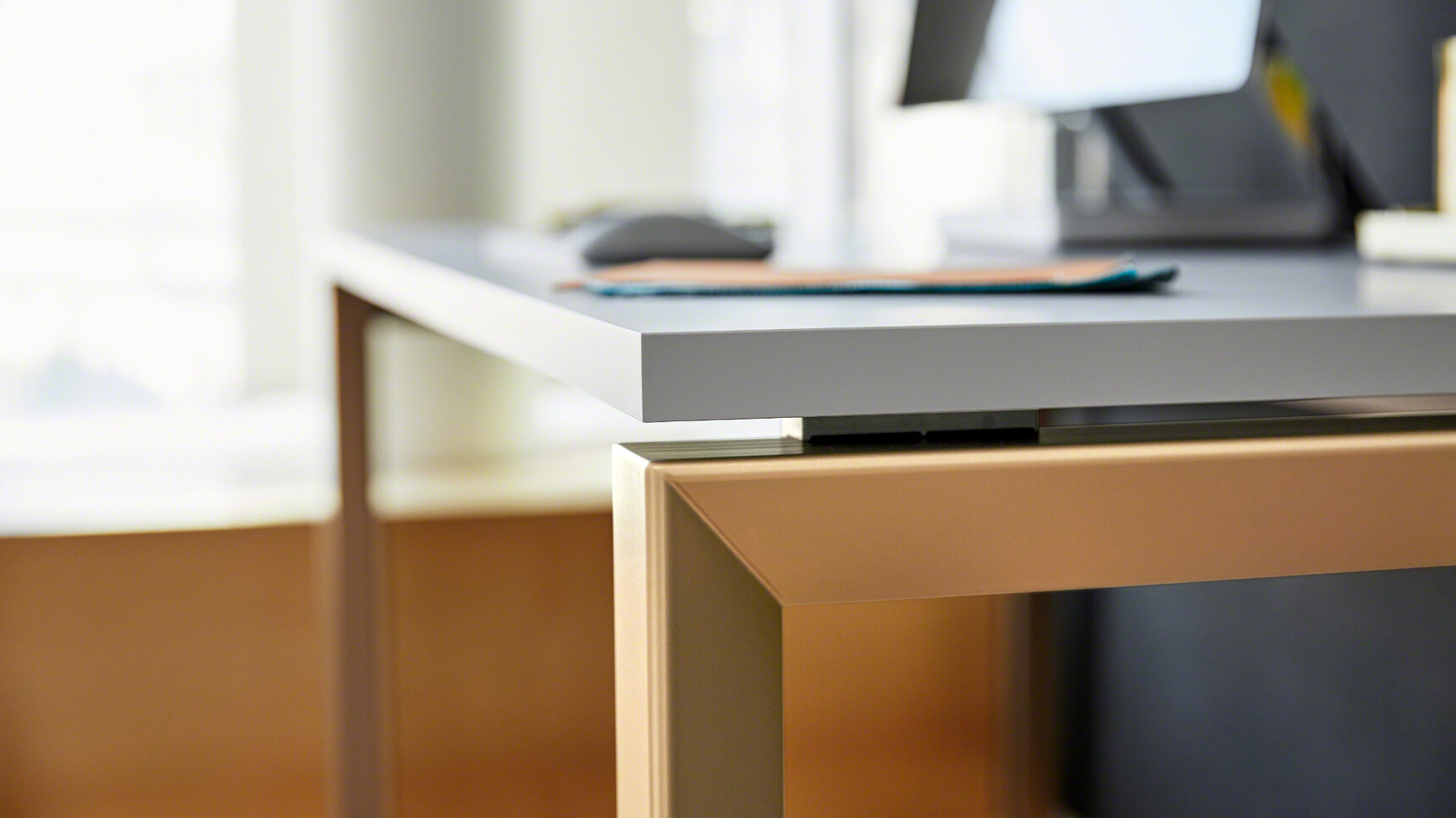 Steelcase Frameone Goalpost Leg Desk With Light Grey Table Top Finish With Light Brown Finish Detail Image