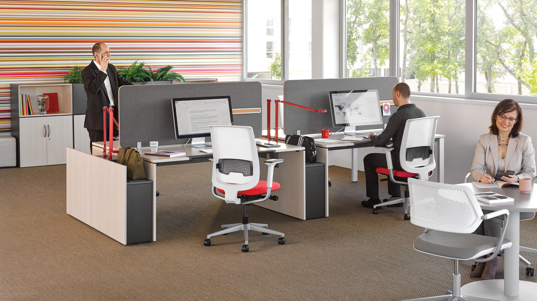 Two Steelcase Reply Air Colour Mesh Back Office Chairs Red Upholstery White Black Frame White Backrest White Black Seagull Frame Armrests Platinum Metallic Base At Desks