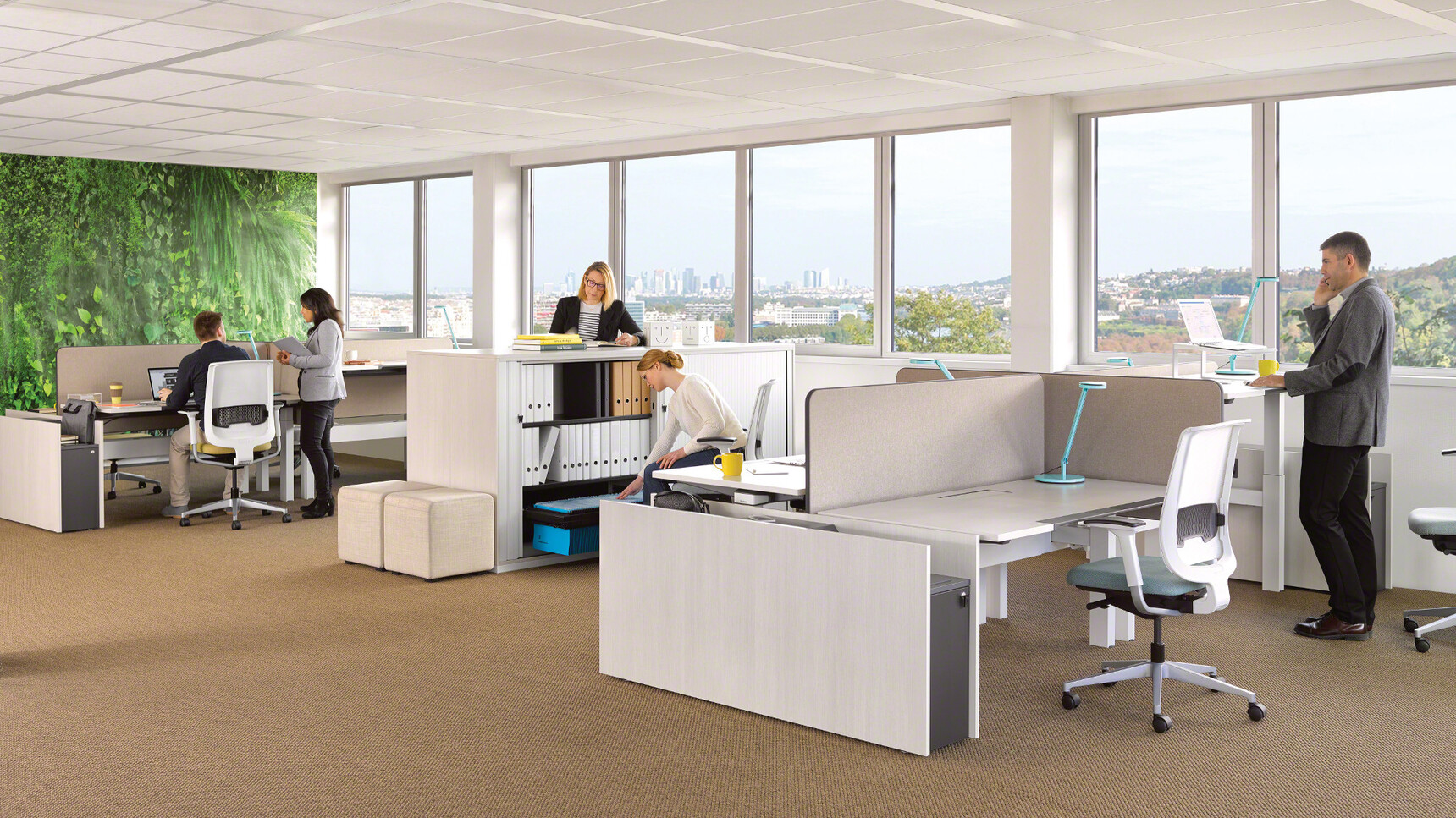 Four Steelcase Reply Air Colour Mesh Back Office Chairs Blue Blue Upholstery White Black Frame White Backrest White Black Seagull Armrests Platinum Metallic Base At Desks