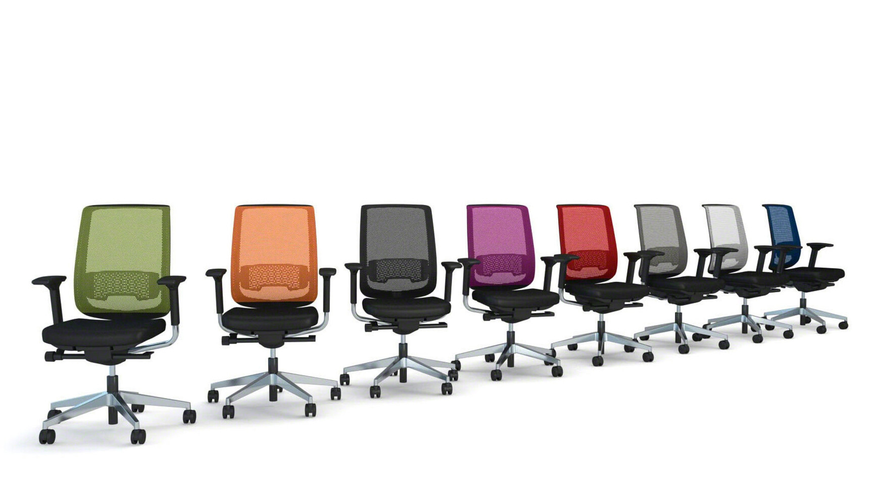 Eight Steelcase Reply Air Mesh Back Office Chairs Green Orange Black Purple Red Light Black Light Grey Dark Blue Mesh Backrests Black Seat Upholstery Polished Aluminium Base