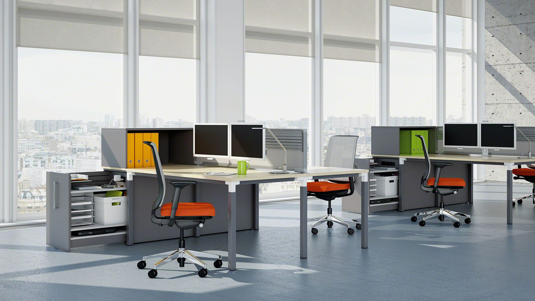 Four Steelcase Reply Air Mesh Back Office Chairs With Orange Seat Upholstery And White Backrest And Black Frame And Armrest And Polished Aluminium Base On Castors At Desks