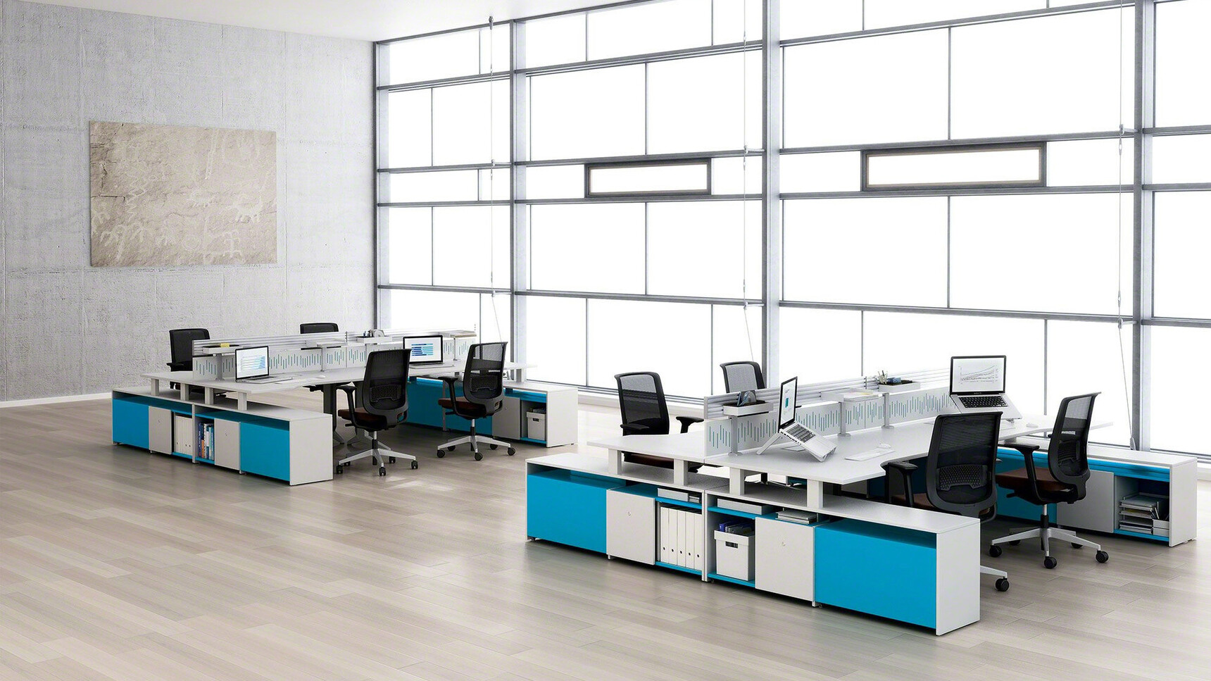 Eight Steelcase Reply Air Mesh Back Office Chairs In Brown Upholstery And Black Backrest And Grey Base On Castors At Desks