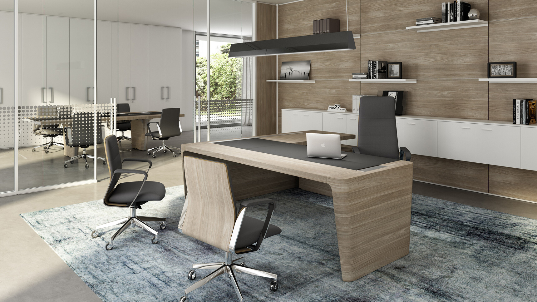 Quadrifoglio Directa Executive Highback Armchair With Black Upholstery Black Armrest At X10 Wood Veneer Desk with Leather Inlay Return & Pedestal Six Directa Executive Midback Armchairs