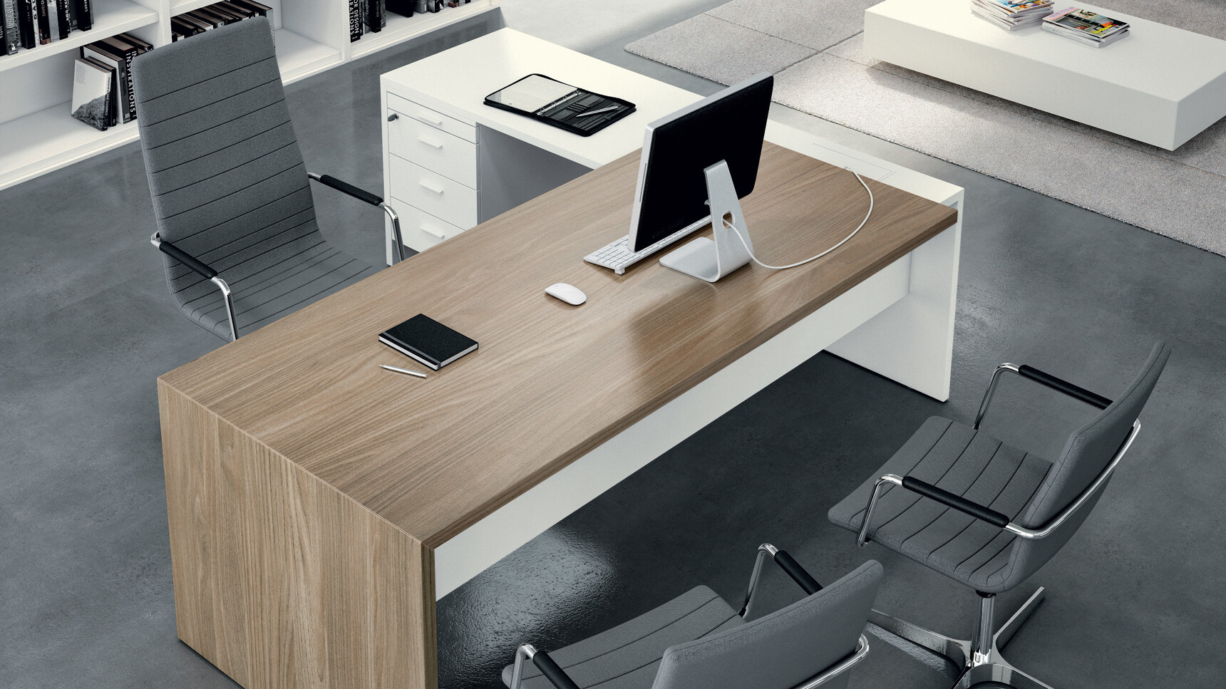T45 L-Shaped Desk with Return & Pedestal With The Desk In Dark Wood Table Top Finish And White Modesty Panel And Legs And Dark Wood Return And Pedestal With Three Quadrifoglio Chairs At Desk