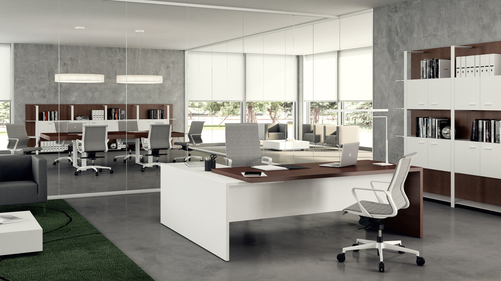 T45 L-Shaped Desk with Return & Pedestal With The Desk In Dark Wood Table Top Finish And White Modesty Panel And Legs And Dark Wood Return And Pedestal And Two Quadrifoglio Chairs At Desk In Office