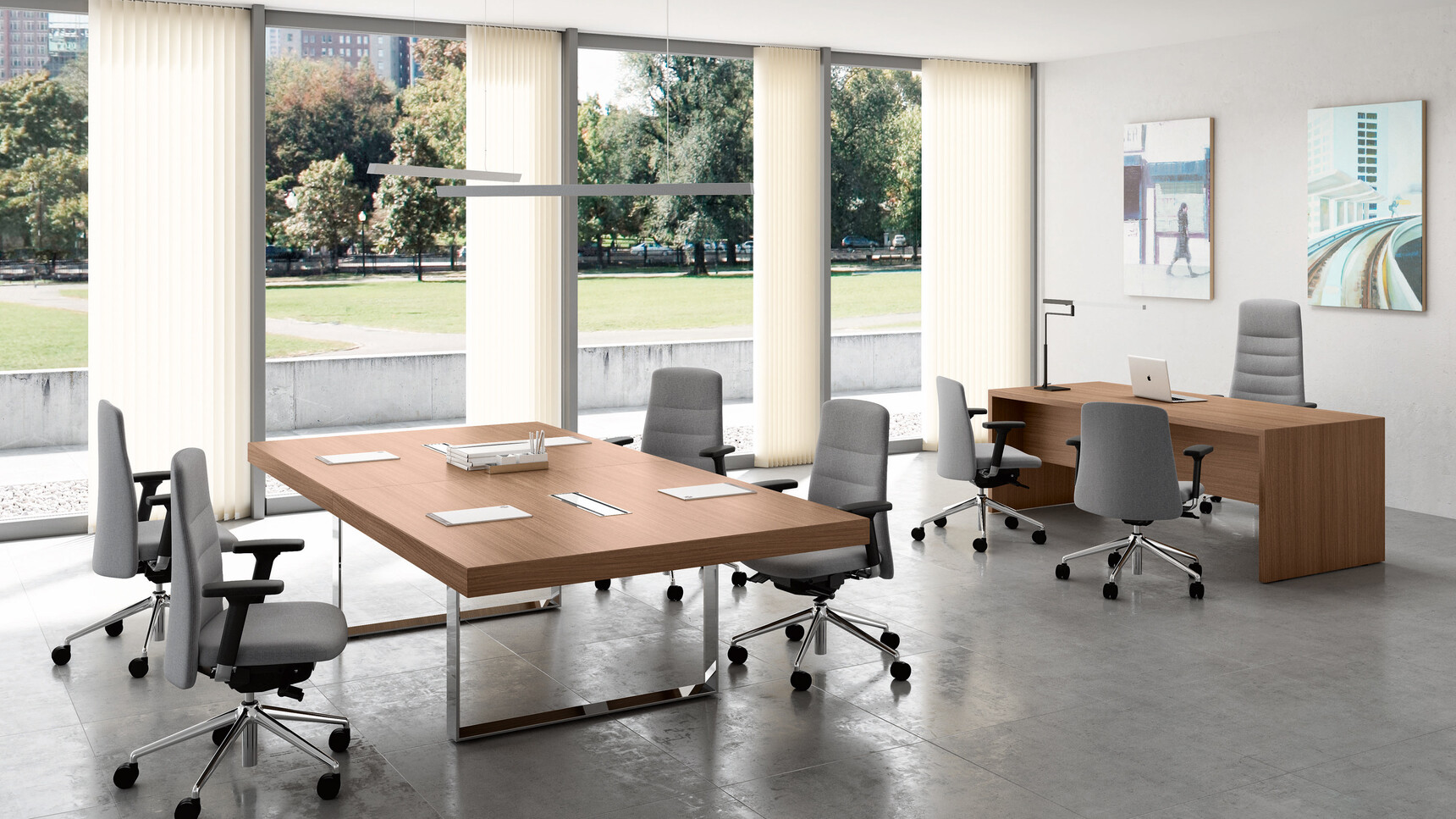 T45 Rectangular Straight Desk With Dark Wood Finish With Three Quadrifoglio Chairs At Desk And T45 Square Meeting Table In Wood Finish With Two Loop Legs And Four Quadrifoglio Chairs