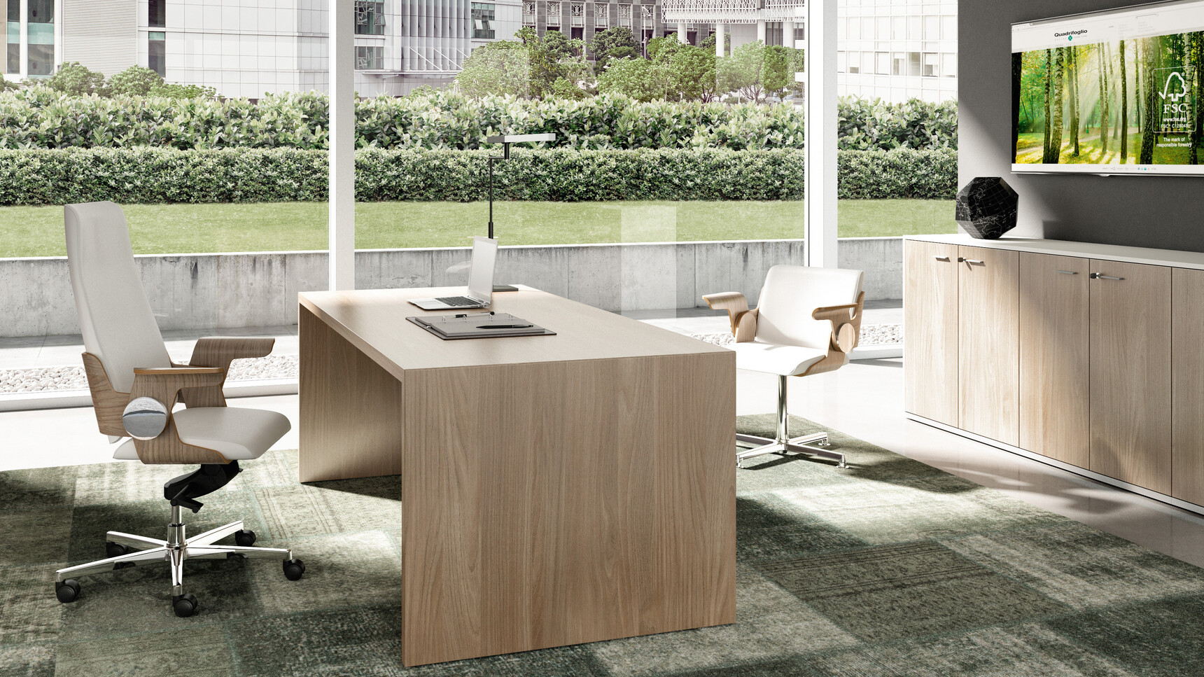 T45 Rectangular Straight Desk With Light Wood Finish With Two Quadrifoglio Chairs In White Upholstery And Wood Arms And Chrome Base On Castors At Desk
