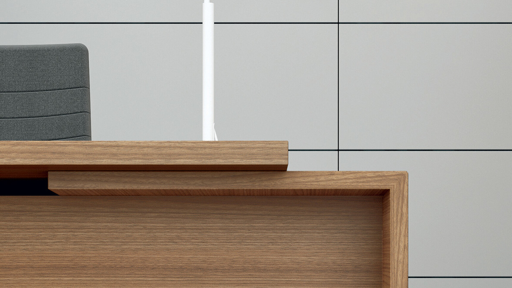 T45 Rectangular Straight Desk With Dark Wood Finish With Quadrifoglio Chair At Desk Detail Image
