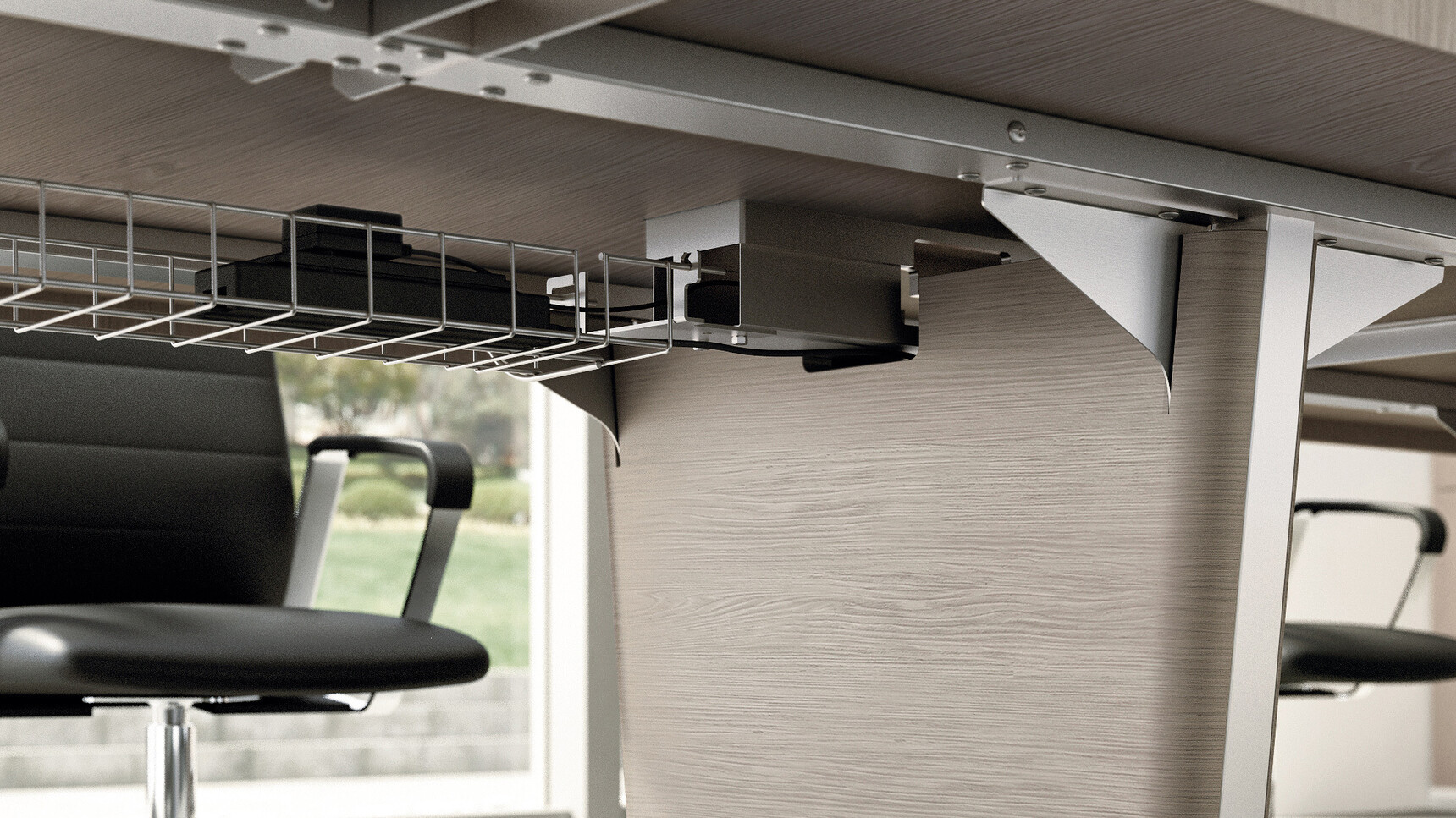 X10 Wood Veneer Boardroom Table With Light Wood Finish And Grey Edges Showing Underneath The Table With Cable Tray Detail Image