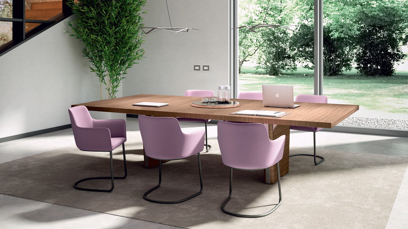 X10 Wood Veneer Boardroom Table With Two Sections And Two Legs With Dark Wood Finish And Grey Leg Edge Finish With Six Quadrifoglio Chairs With Pink Upholstery