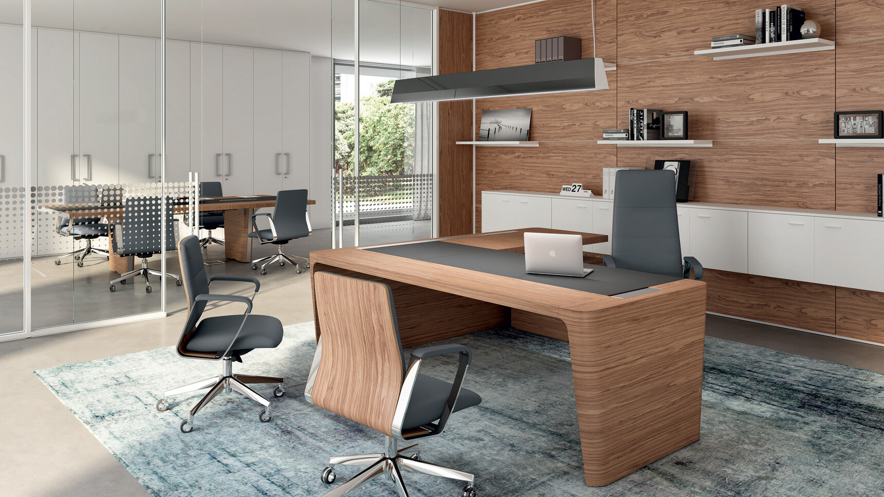 X10 Wood Veneer Boardroom Table with Leather Inlay With Two Sections And Two Legs With Dark Wood Finish And Black Leather Inlay And Two Black Aluminium Flaps And Grey Leg Edge Finish And X10 Veneer Desk