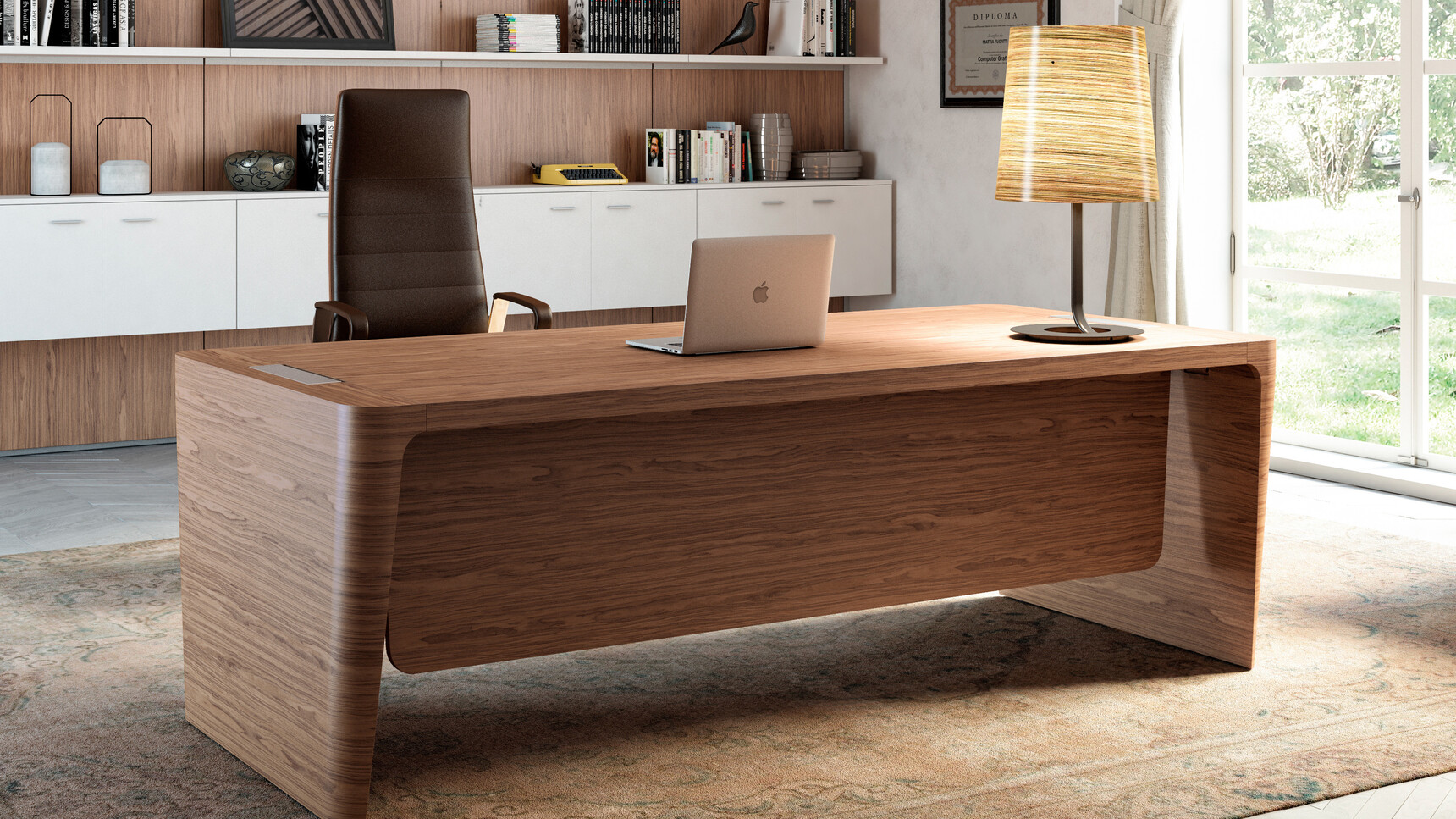 X10 Wood Veneer Desk With Dark Wood Finish With Modesty Panel With Dark Wood Finish And Directa Executive Highback Armchair In Black Upholstery At Desk