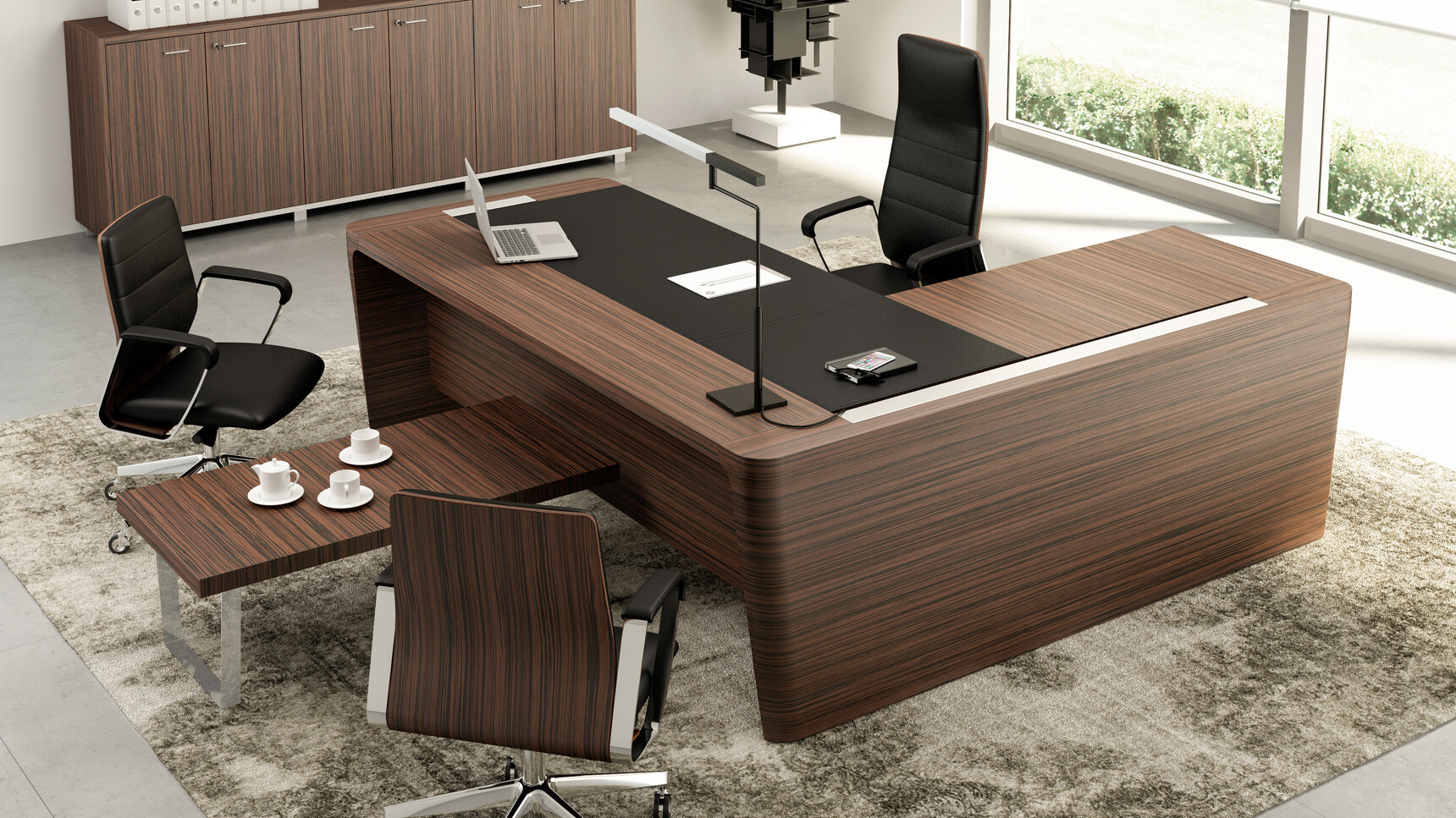 X10 Wood Veneer Desk Black Leather Inlay Return & Pedestal Dark Wood Finish Modesty Panel Directa Executive Highback Armchair Black Upholstery Two Directa Executive Midback Armchairs Black Upholstery