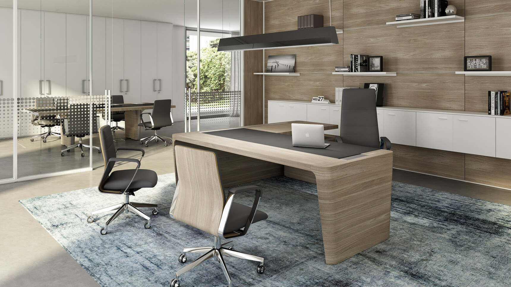 X10 Wood Veneer Desk Black Leather Inlay Return & Pedestal Light Wood Finish Directa Executive Highback Armchair Black Upholstery Two Directa Executive Midback Armchairs Black Upholstery X10 Boardroom Table