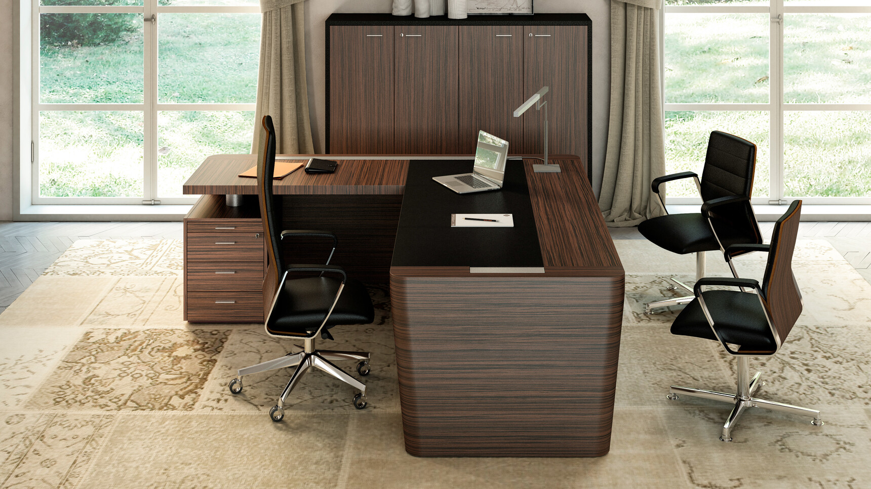 X10 Wood Veneer Desk Black Leather Inlay Return & Pedestal Dark Wood Finish Directa Executive Highback Armchair Black Upholstery Two Directa Executive Midback Armchairs Black Upholstery
