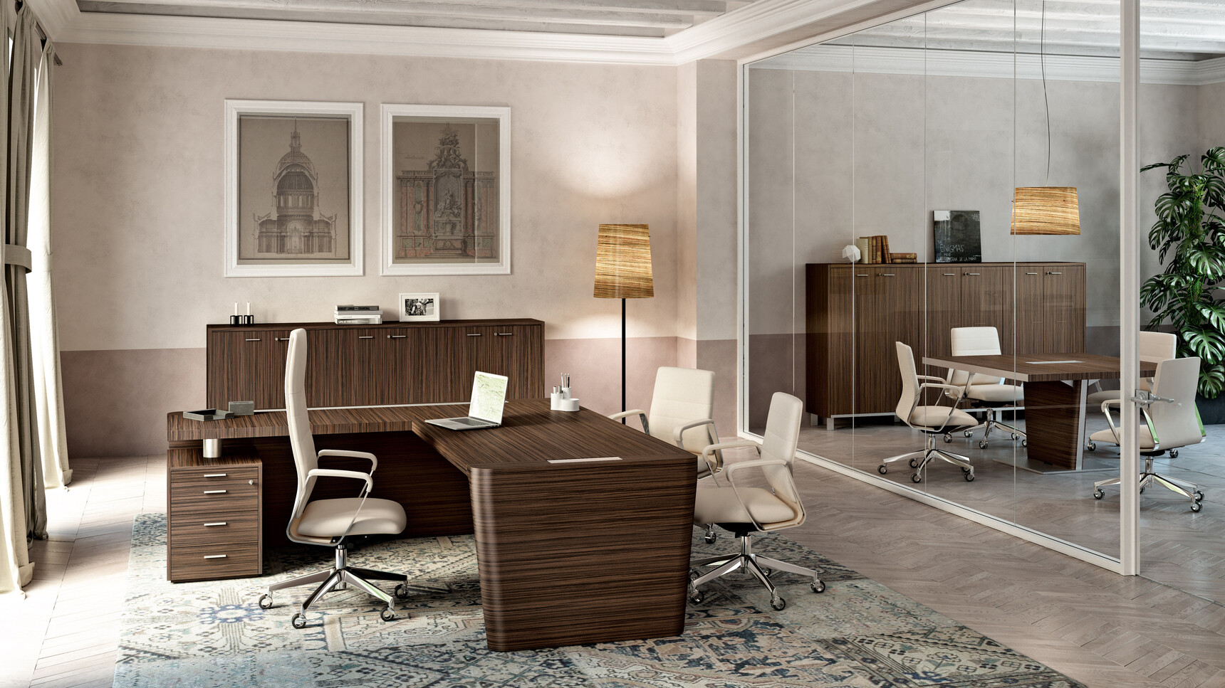 X10 Wood Veneer Desk with Return & Pedestal Dark Wood Finish Directa Executive Highback Armchair White Upholstery Two Directa Executive Midback Armchairs White Upholstery X10 Wood Veneer Meeting Table