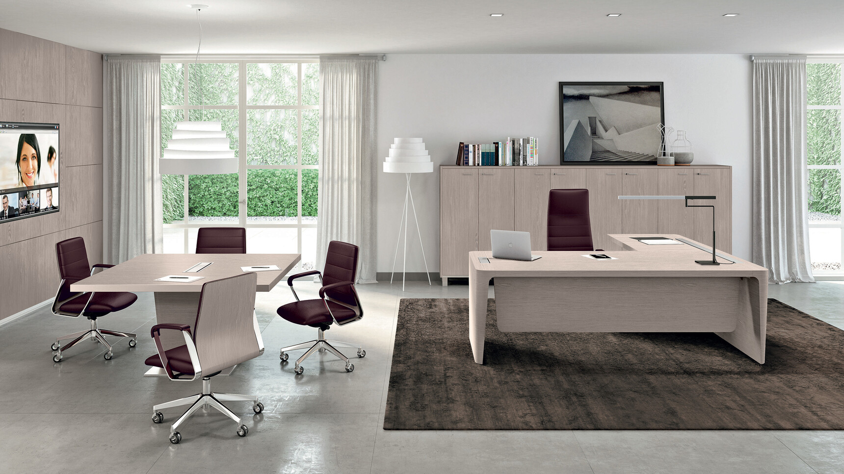 X10 Wood Veneer Desk with Return & Pedestal Modesty Panel Light Wood Finish Directa Executive Highback Armchair Dark Red Upholstery At Desk X10 Wood Veneer Meeting Table Four Directa Chairs