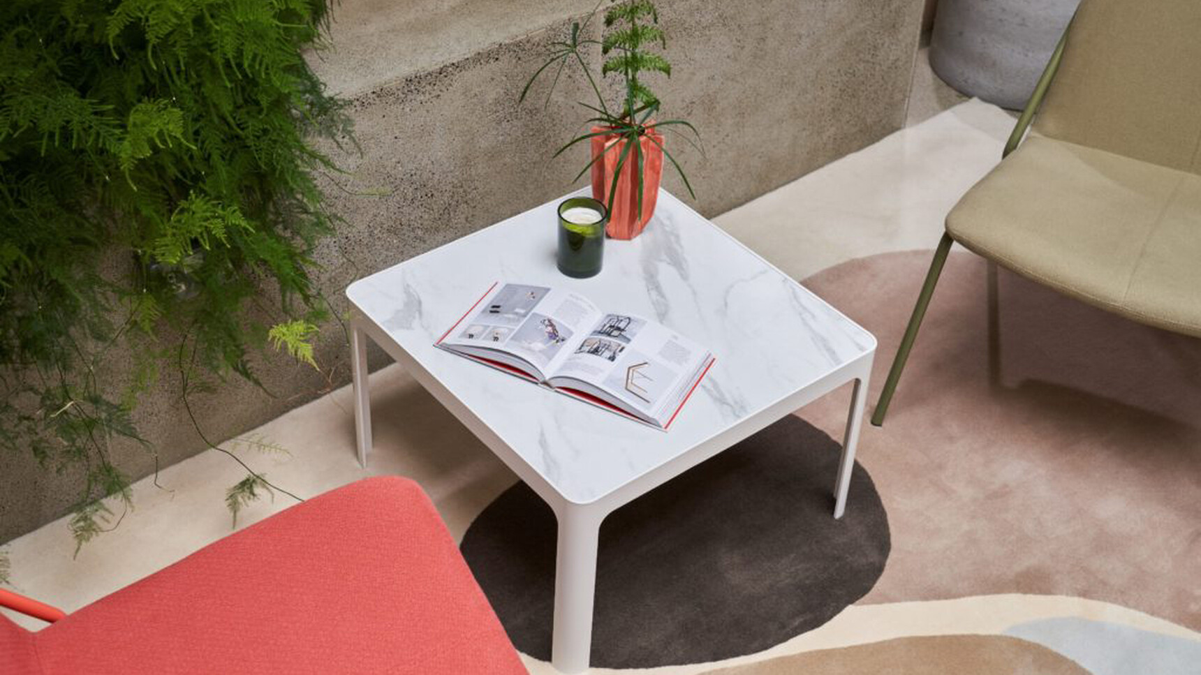 Workstories Profile Coffee Table White Finish With Chairs In Office Setting Family Image