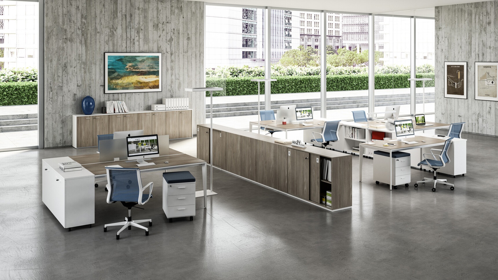 Three X5 Two Person Bench Desk 1238mm Depth Dark Wood Grey Leg Finish X5 Straight Desk 600mm Depth Dark Wood Grey Leg Finish Mobile Pedestals