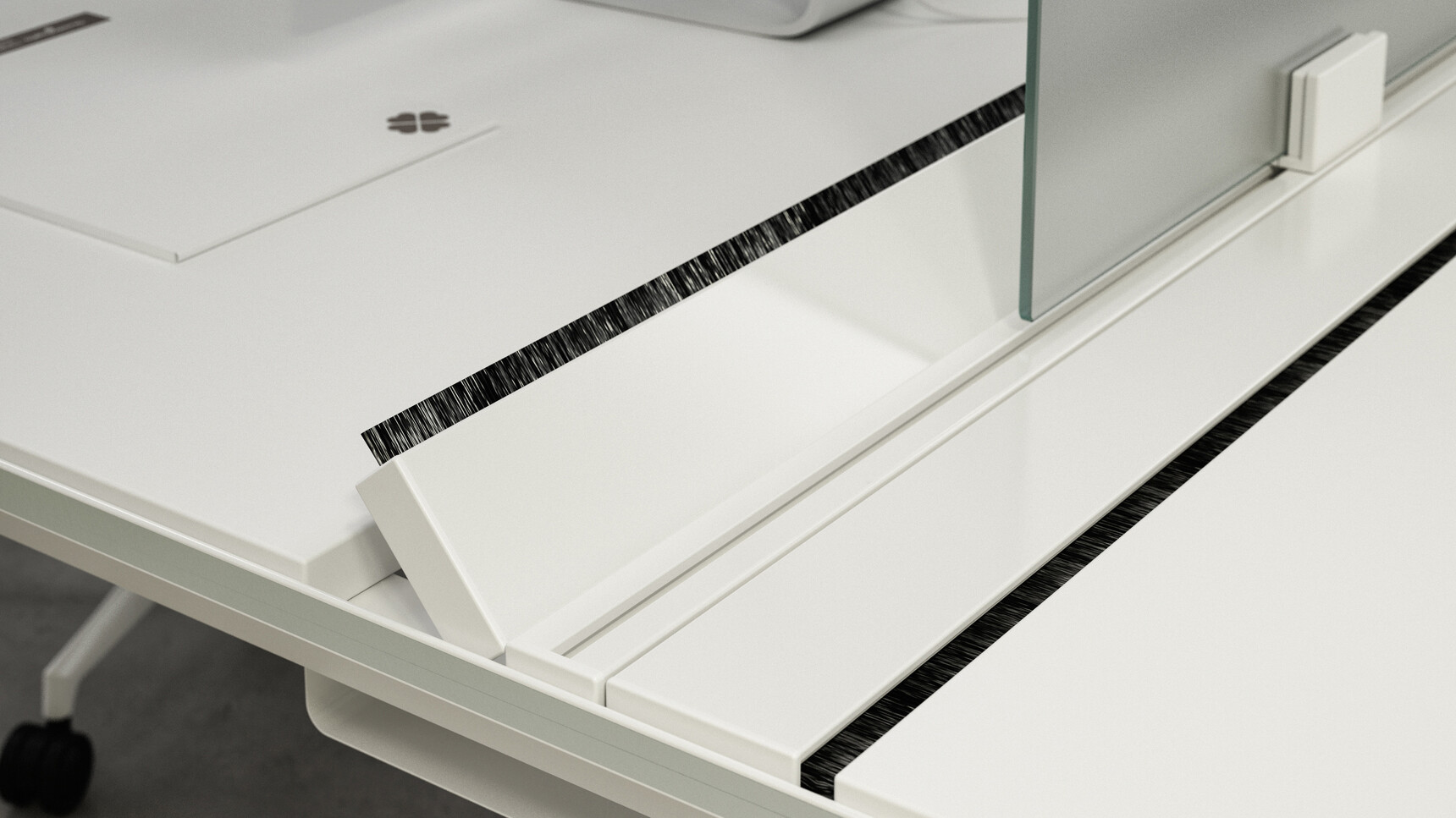 Quadrifoglio X5 Two Person Bench Desks 1238mm Depth With White Finish And Grey Table Top Screen Detail Image