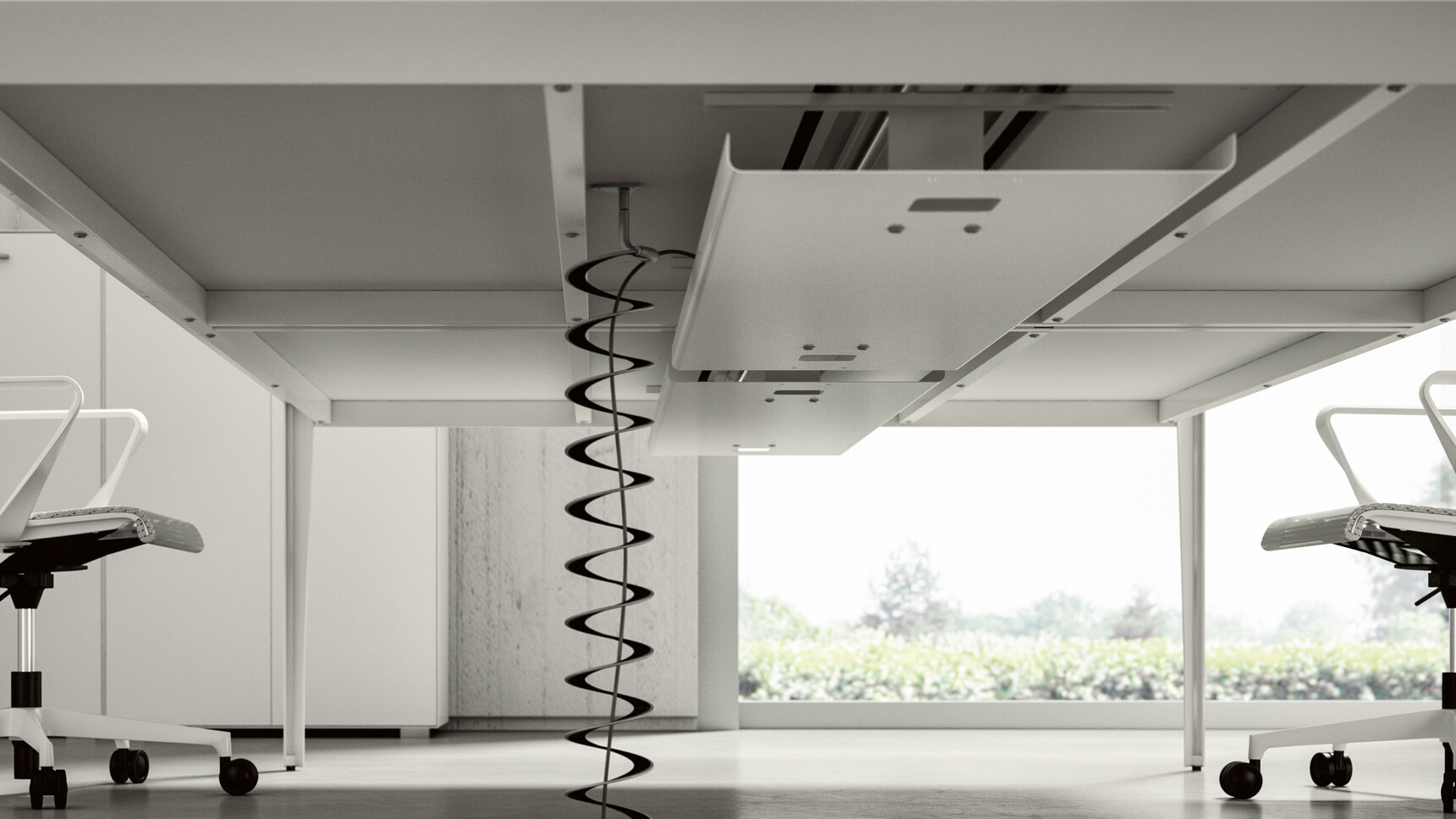 Quadrifoglio X5 Two Person Bench Desks 1238mm Depth With White Finish And White Leg Finish With Two Quadrifoglio Chairs At Desk Showing Cable Management